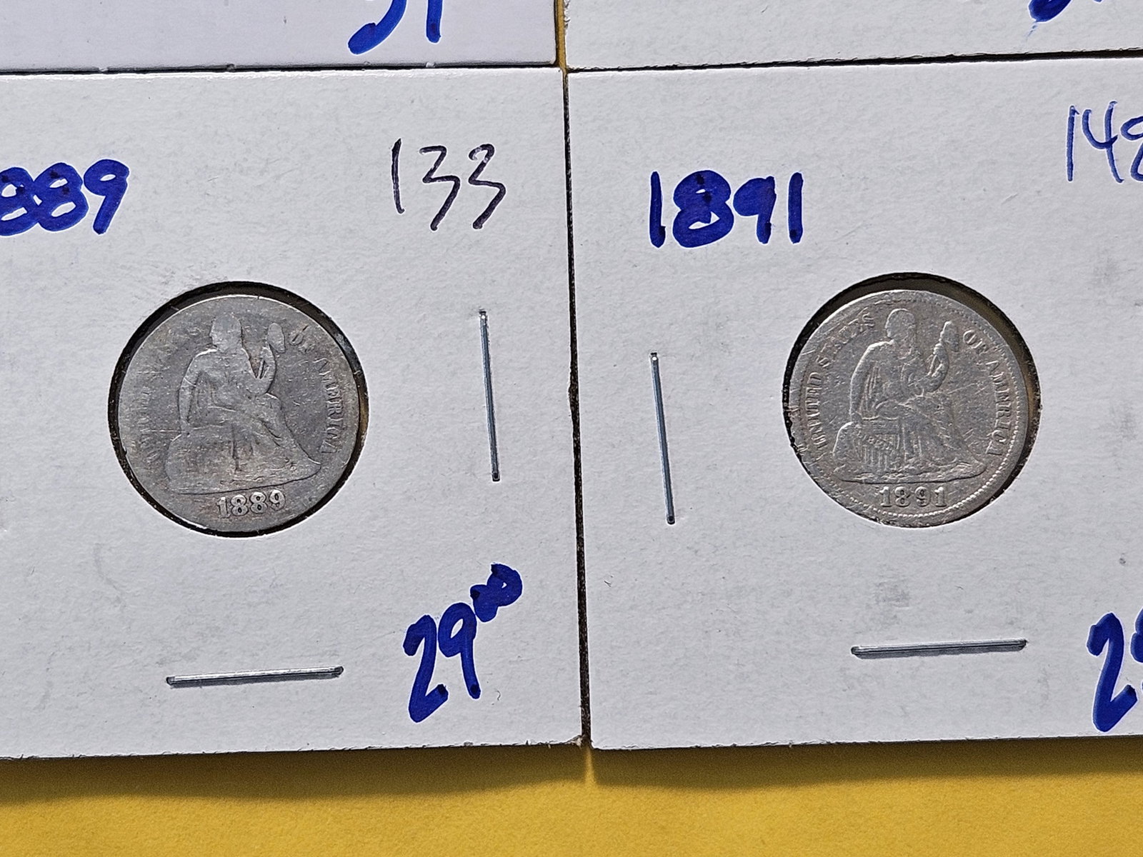 Four Circulated Seated Liberty Silver Dimes - 3