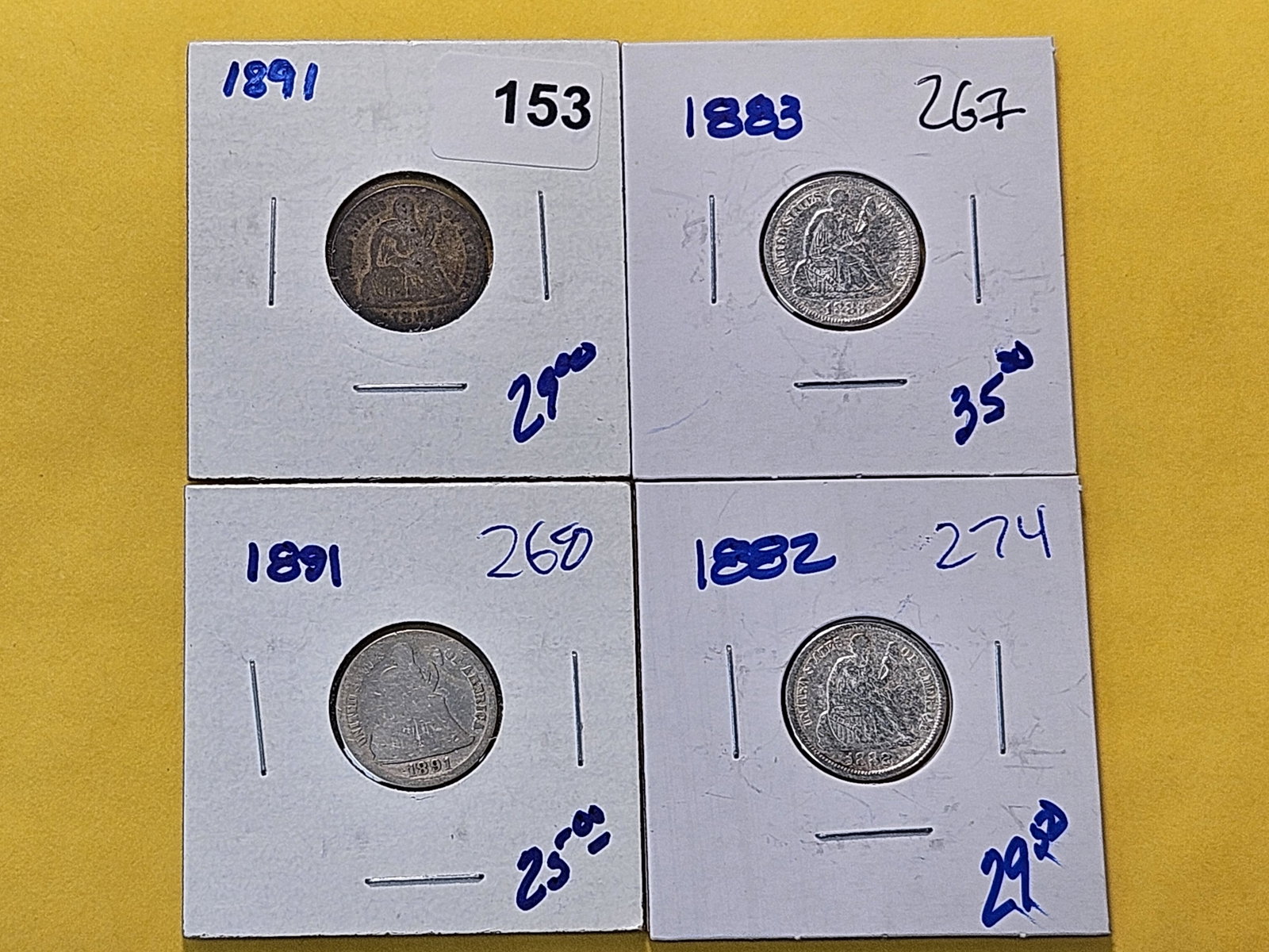 Four Circulated Seated Liberty Silver Dimes: 1882, 1883 and two 1891