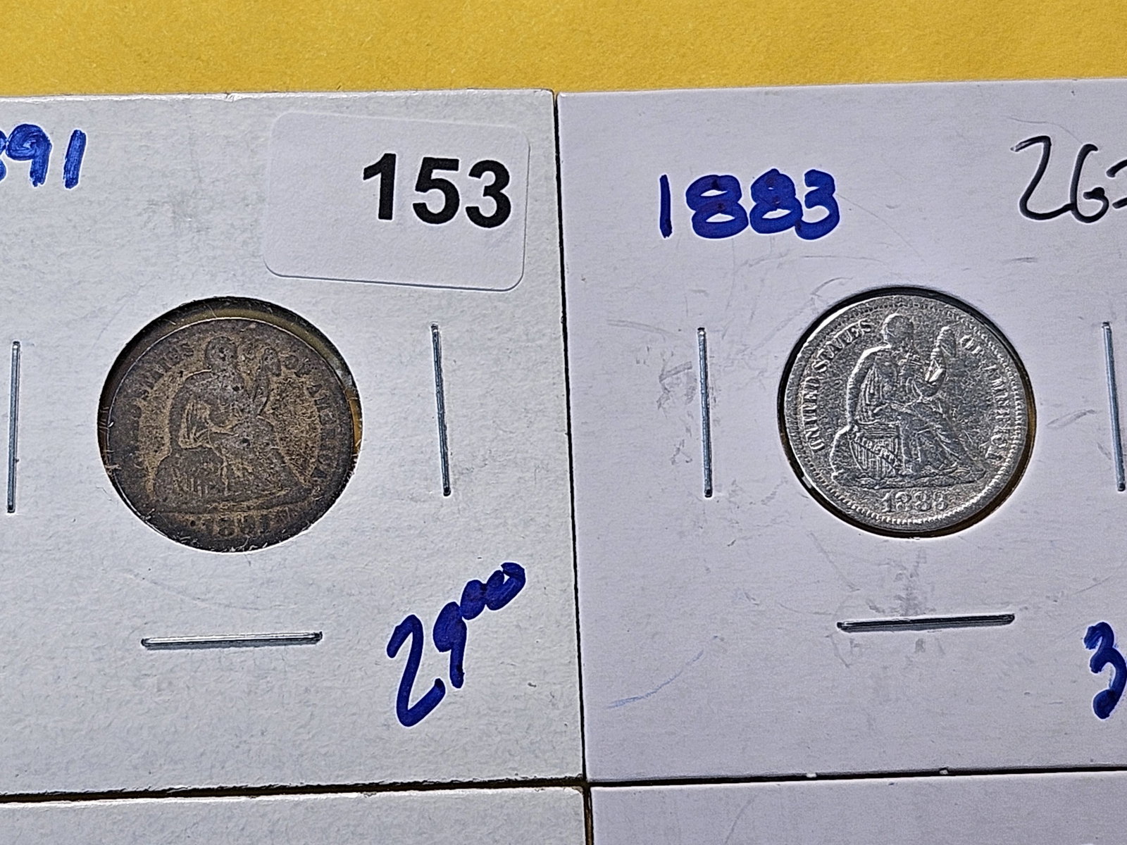 Four Circulated Seated Liberty Silver Dimes - 2