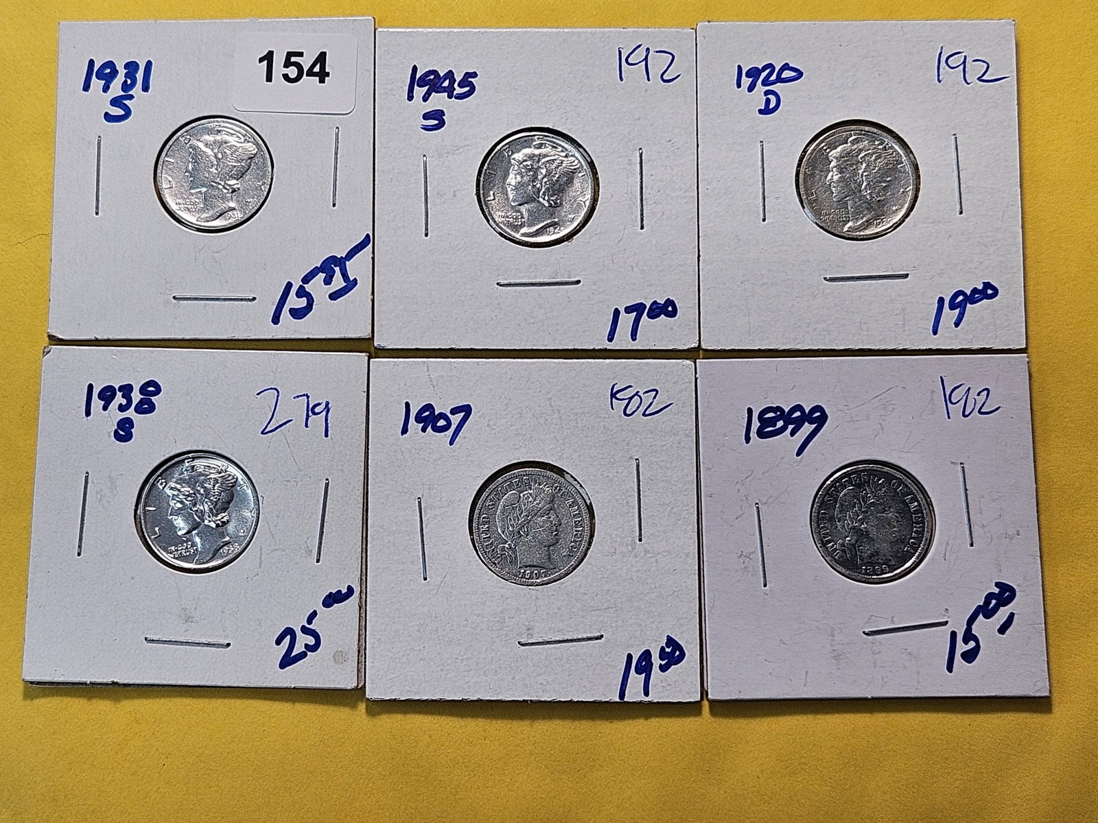 Six Circulated US Silver Dimes: 1920-D, 1931-S, 1938-S and 1945-S Mercury's with 1899 and 1907 Barber Silver Dimes