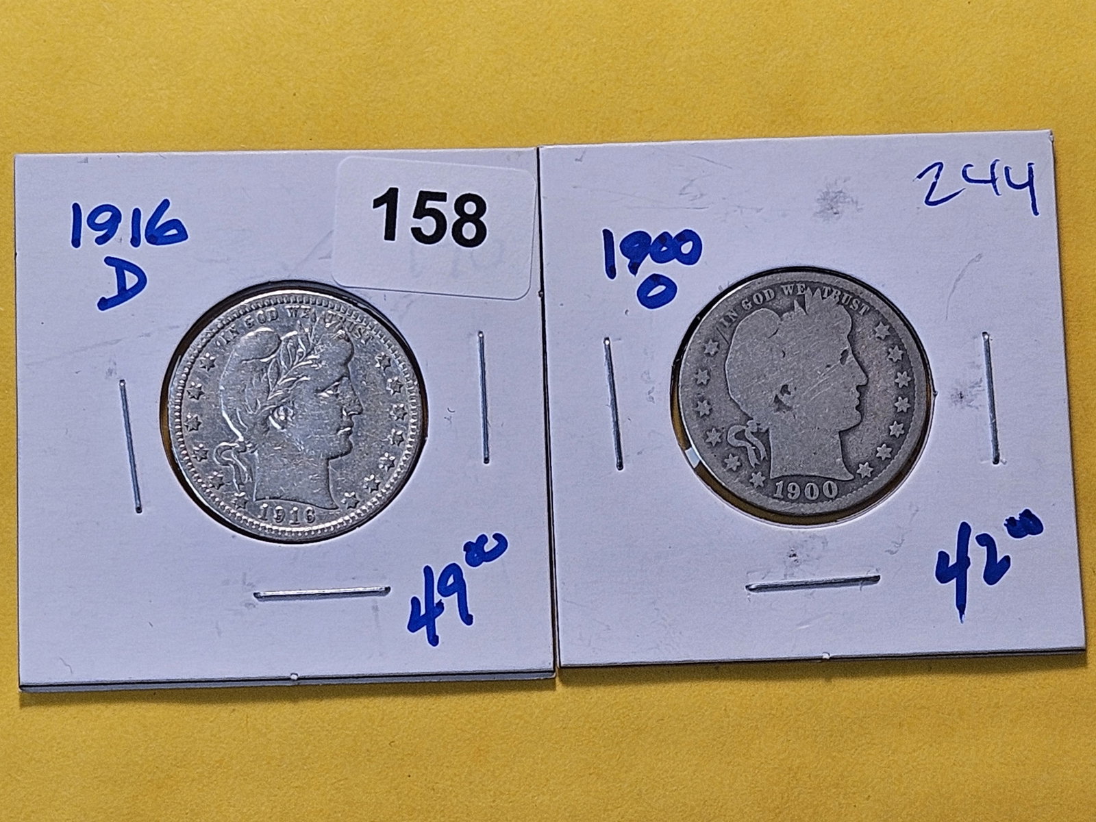 Two Circulated Barber Silver Quarters: 1900-O and 1916-D