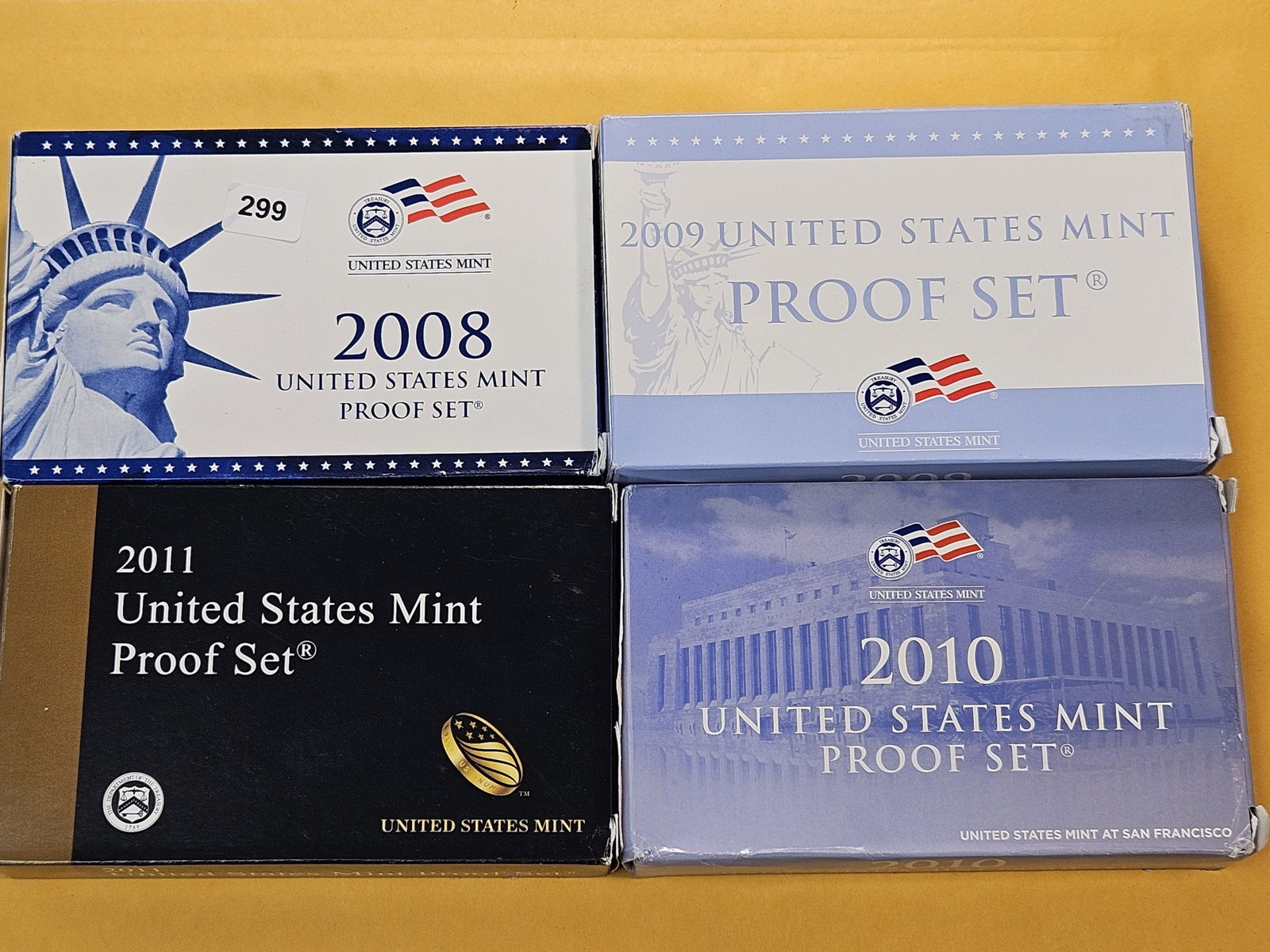 Four Consecutive US Mint Proof Sets: 2008, 2009, 2010, and 2011. All in OGP with COA's