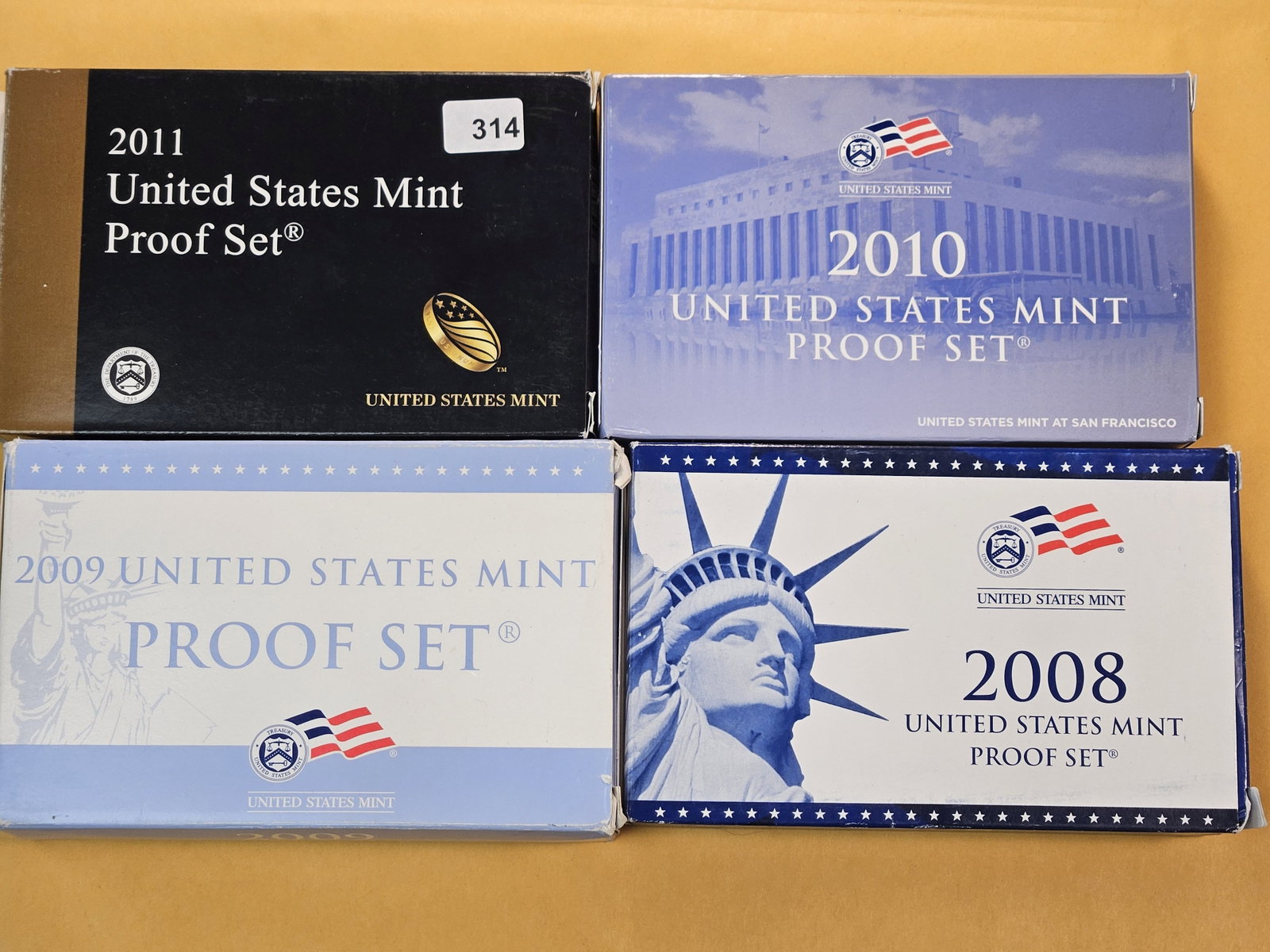 Four Consecutive US Mint Proof Sets: 2008, 2009, 2010, and 2011. All in OGP with COA's