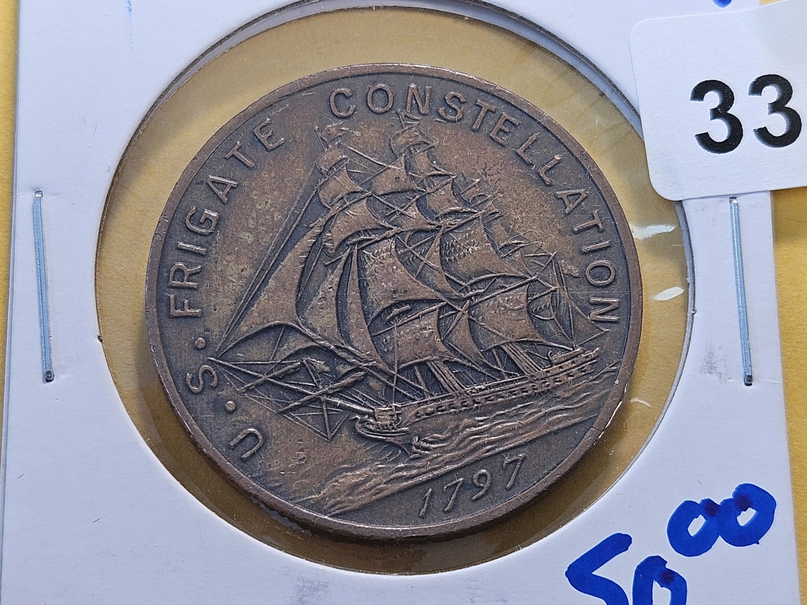 1797 USS Constellation Ship Medal: Medal is made from a part of the ship