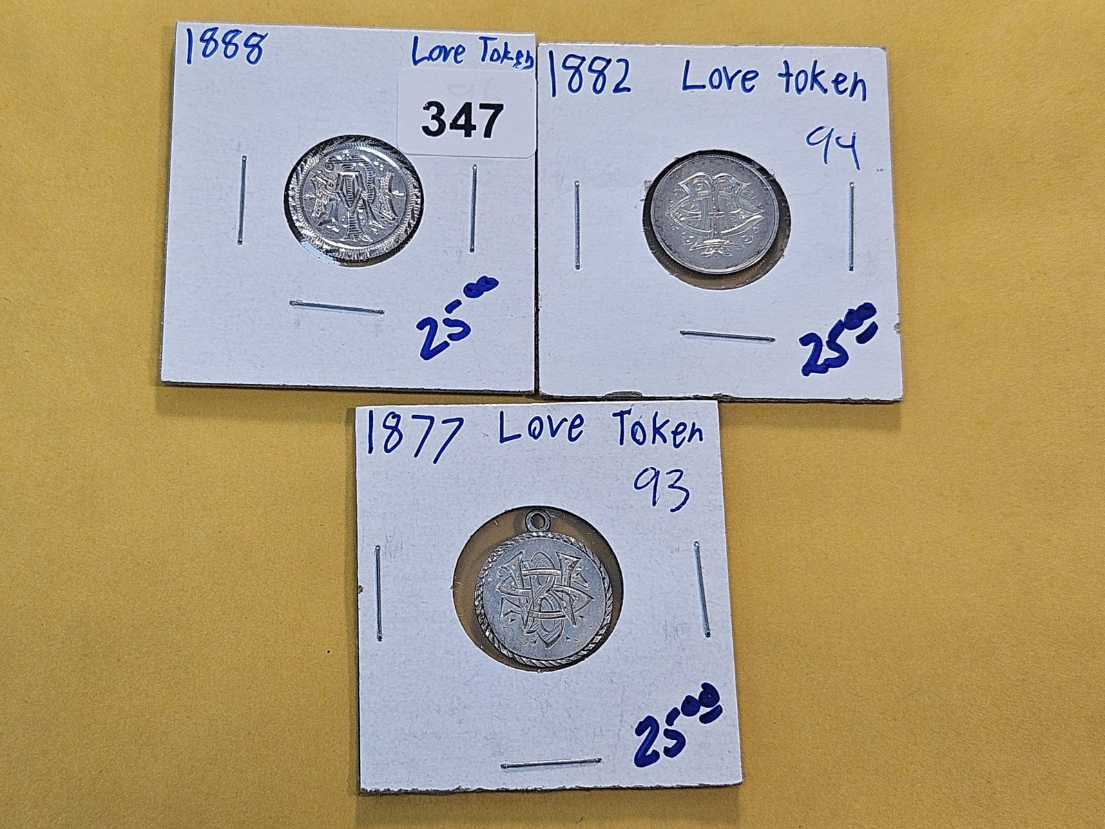 Three Seated Liberty Silver Dime Love Tokens: 1877, 1882 and 1888 Silver Dimes made into Love Tokens