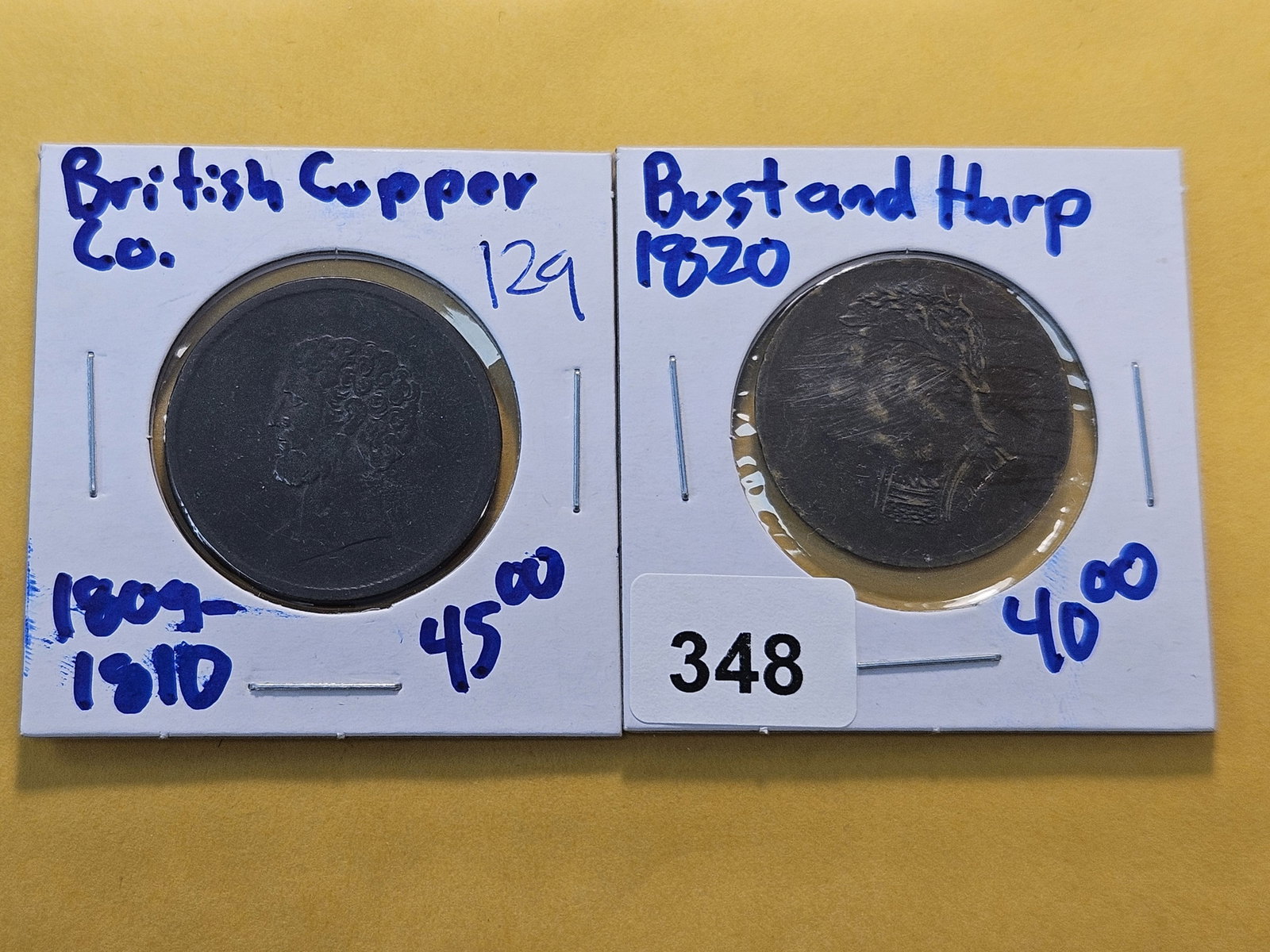 1820 Canadian Bank Token and British Copper Token: Bust and Harp Canadian Bank Token and Undated (1809-1810) British Copper Token