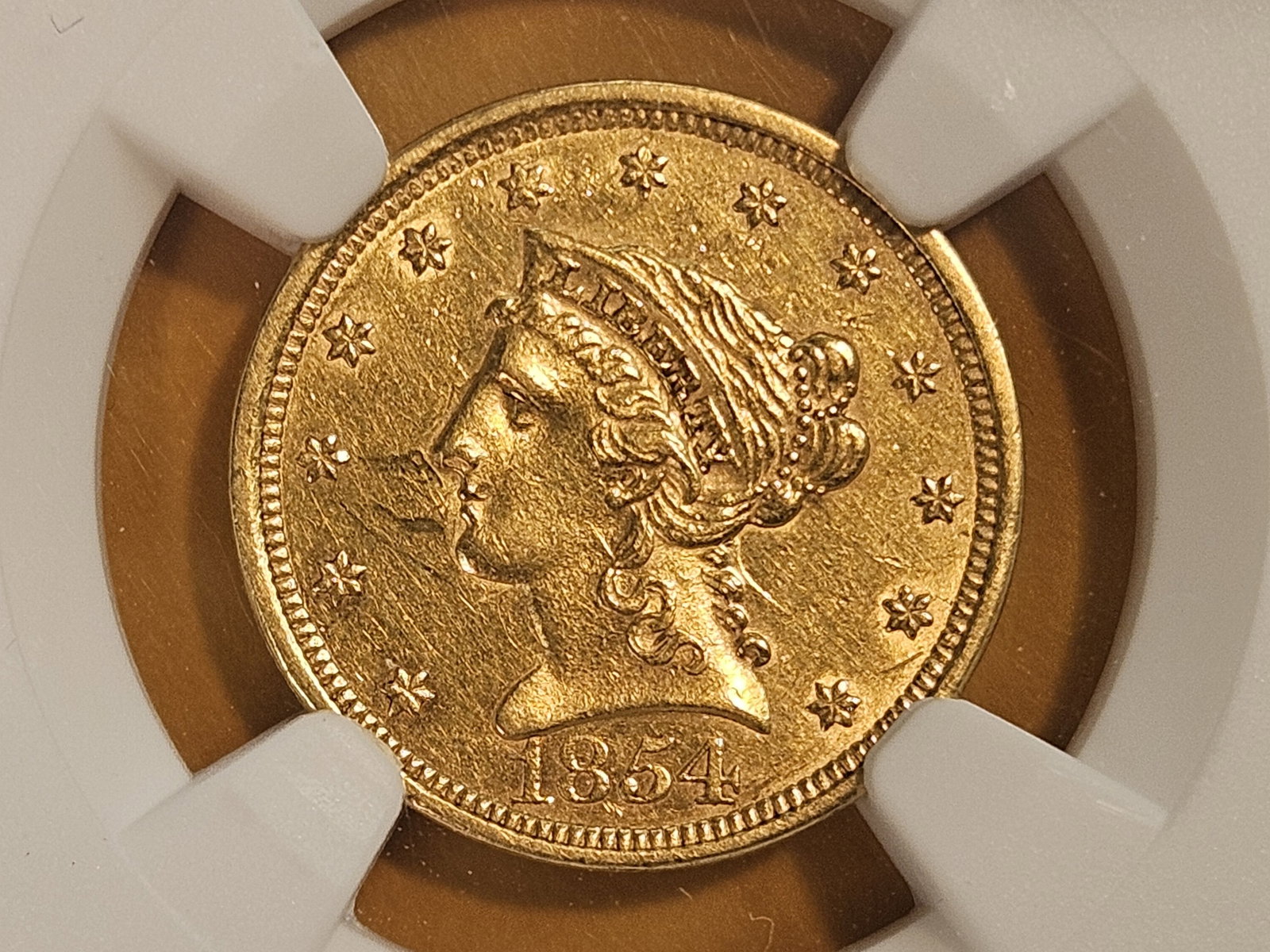 GOLD! NGC 1854 Gold Dollar in Brilliant About Uncirculated plus - details: Quarter Eagle…and in case ya'll didn't know..the premiums from dealers are up on small gold, so these are going to run more than just for their gold value