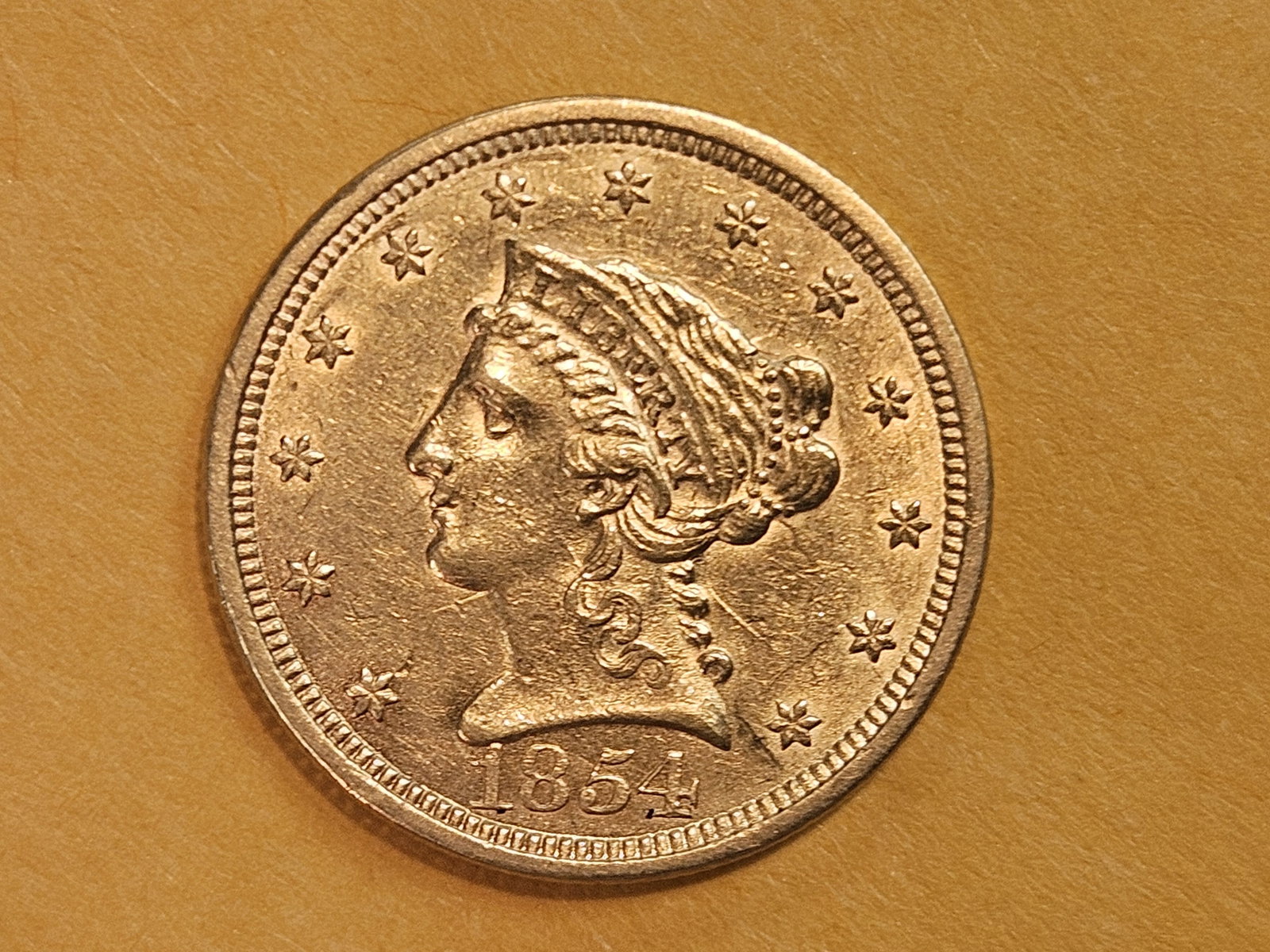 GOLD! Brilliant About Uncirculated plus 1854 Liberty Head Gold $2.5 Dollars - 3