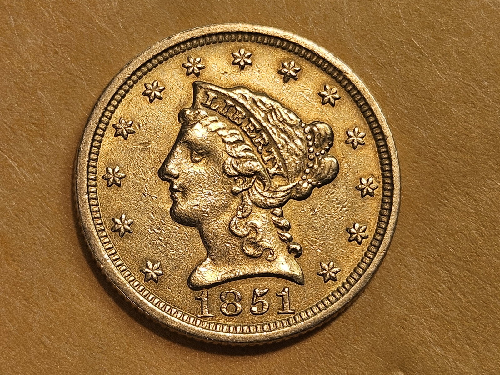 GOLD! Brilliant About Uncirculated 1851 Liberty Head Gold $2.5 Dollars: Quarter Eagle