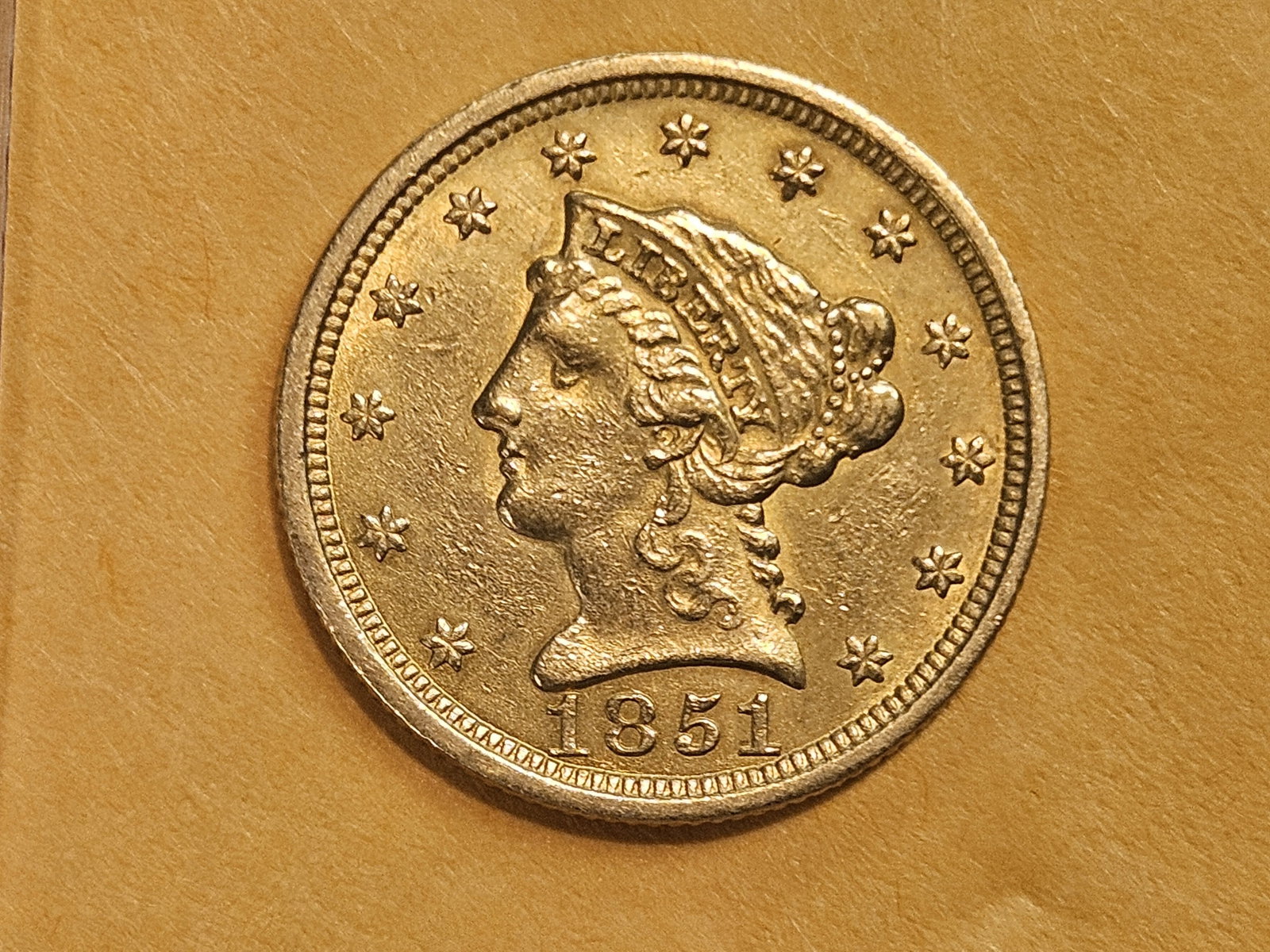 GOLD! Brilliant About Uncirculated 1851 Liberty Head Gold $2.5 Dollars - 3