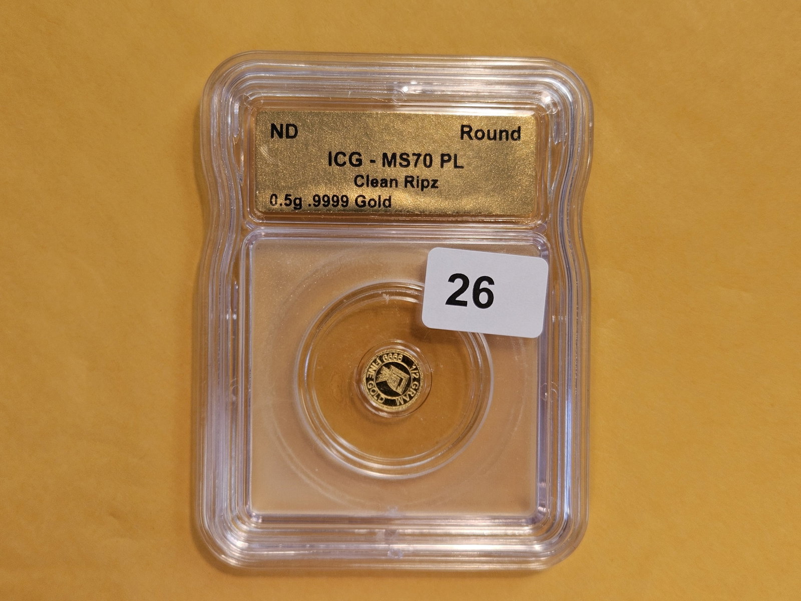 GOLD! PERFECT! ICG No Date One-Half Gram .9999 fine gold round in Mint State 70 Prooflike - 2