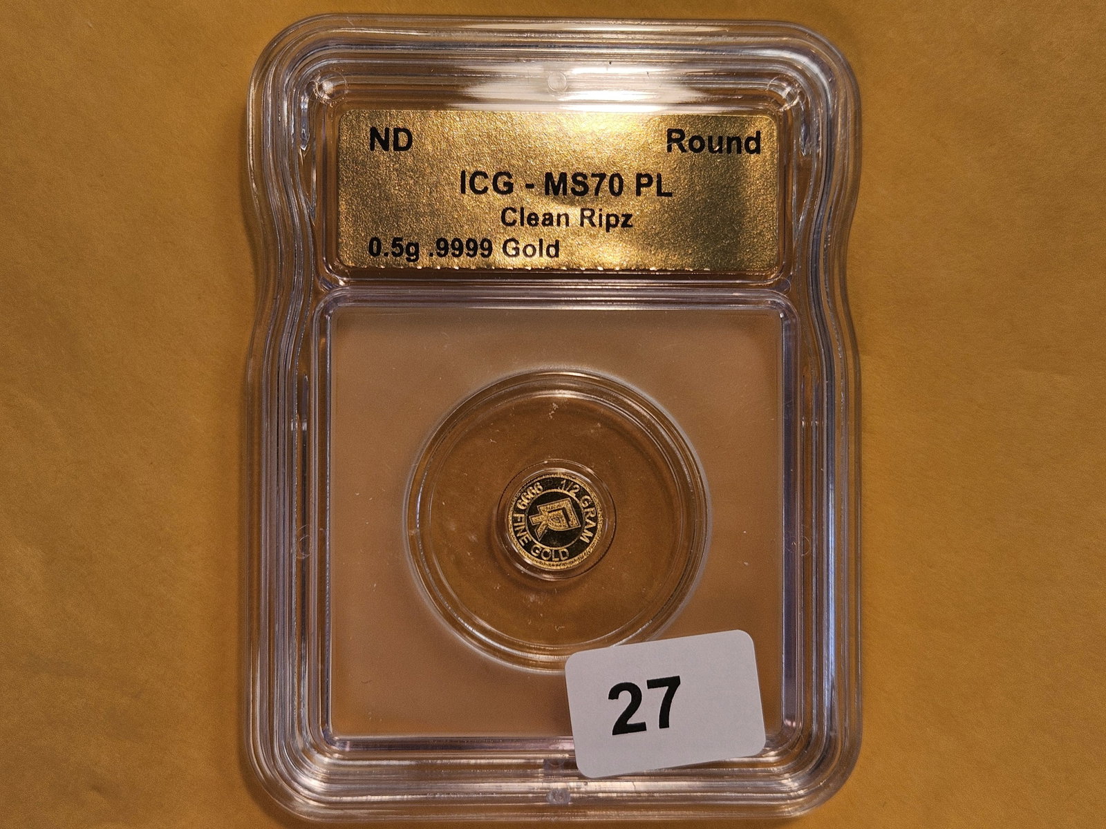 GOLD! PERFECT! ICG No Date One-Half Gram .9999 fine gold round in Mint State 70 Prooflike - 2