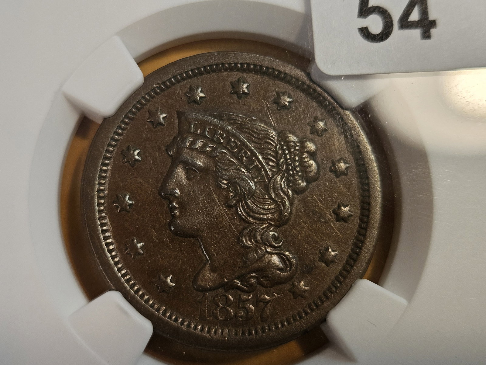 NGC 1857 Large Date Braided Hair Large Cent in About Uncirculated - 55 Brown (1 of 5)