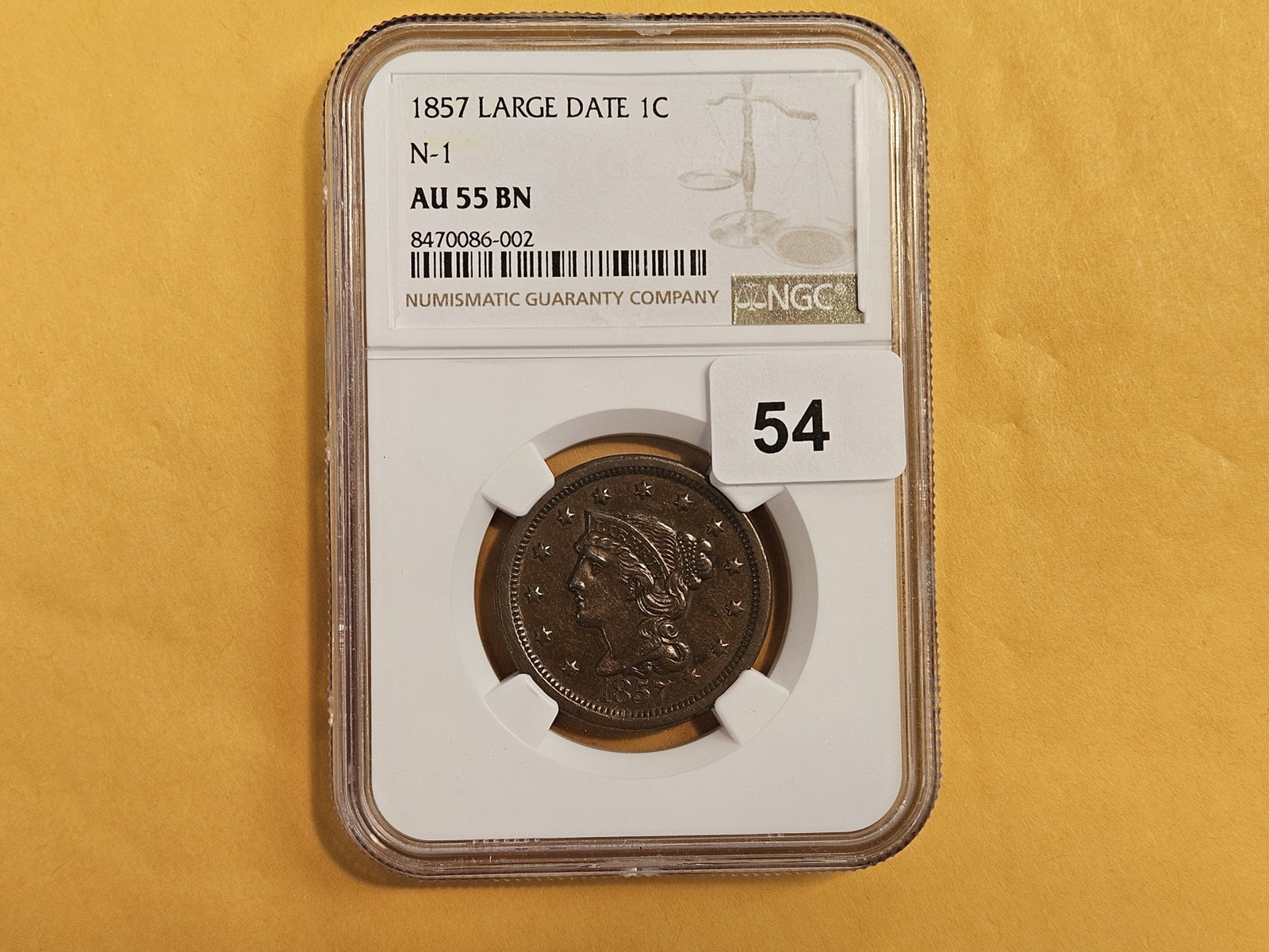 NGC 1857 Large Date Braided Hair Large Cent in About Uncirculated - 55 Brown - 2