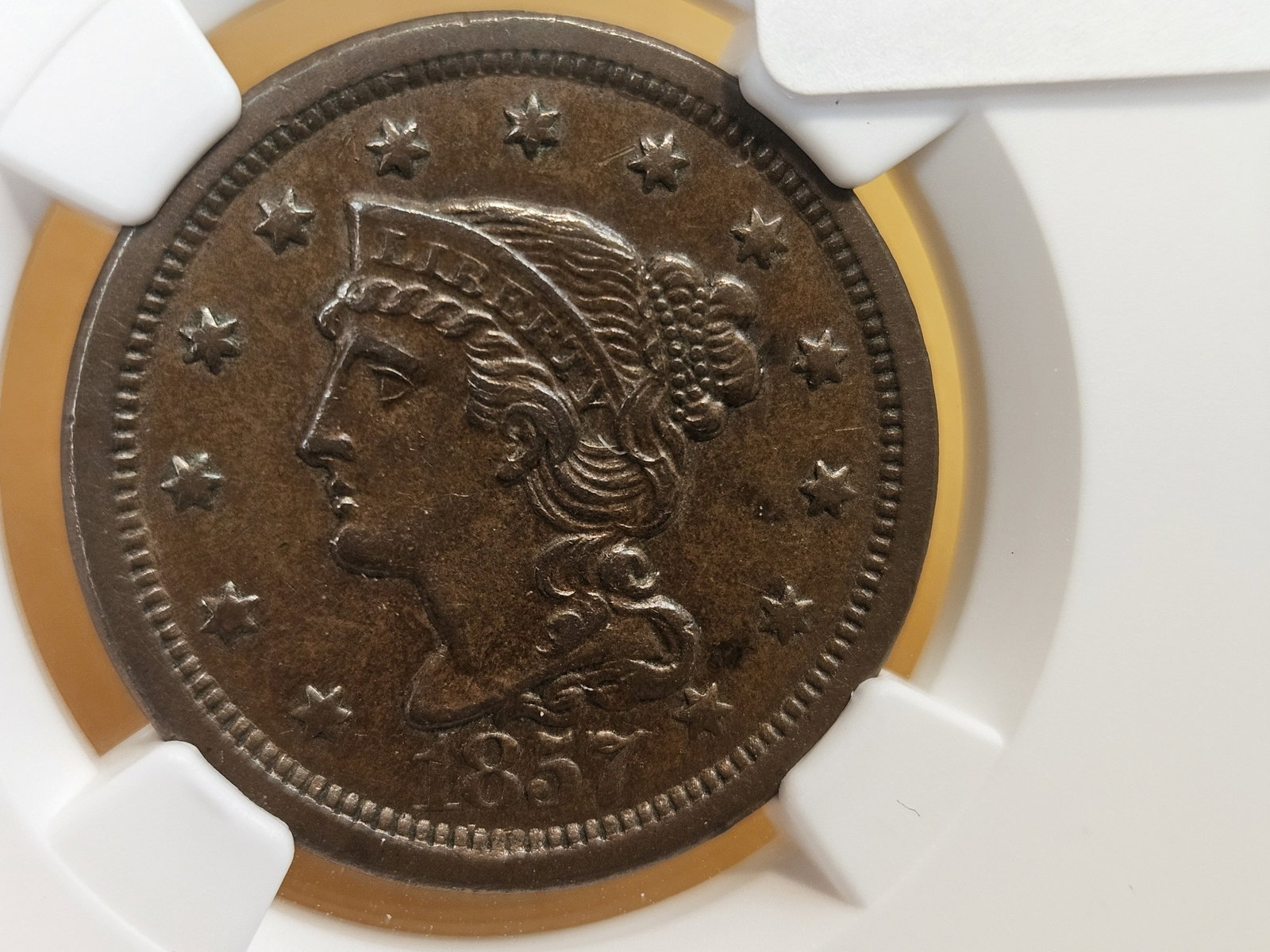 NGC 1857 Large Date Braided Hair Large Cent in About Uncirculated - 55 Brown - 3