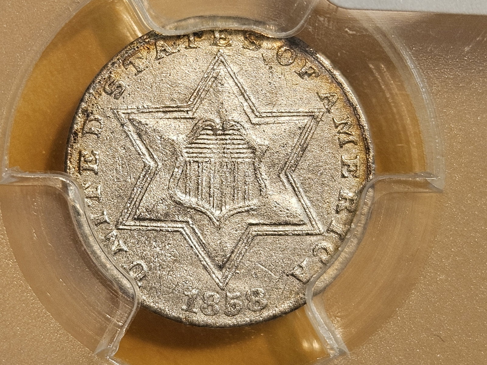 PCGS 1858 Three Cent Silver Trime in Brilliant About Uncirculated - details: Holdered in a PCGS 40th Anniversary slab reminiscent of an Old Green Holder