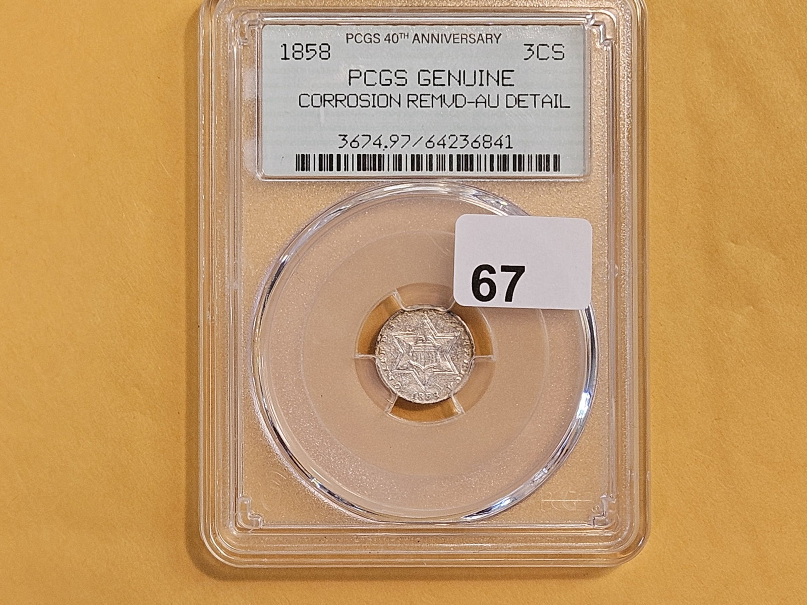 PCGS 1858 Three Cent Silver Trime in Brilliant About Uncirculated - details - 2
