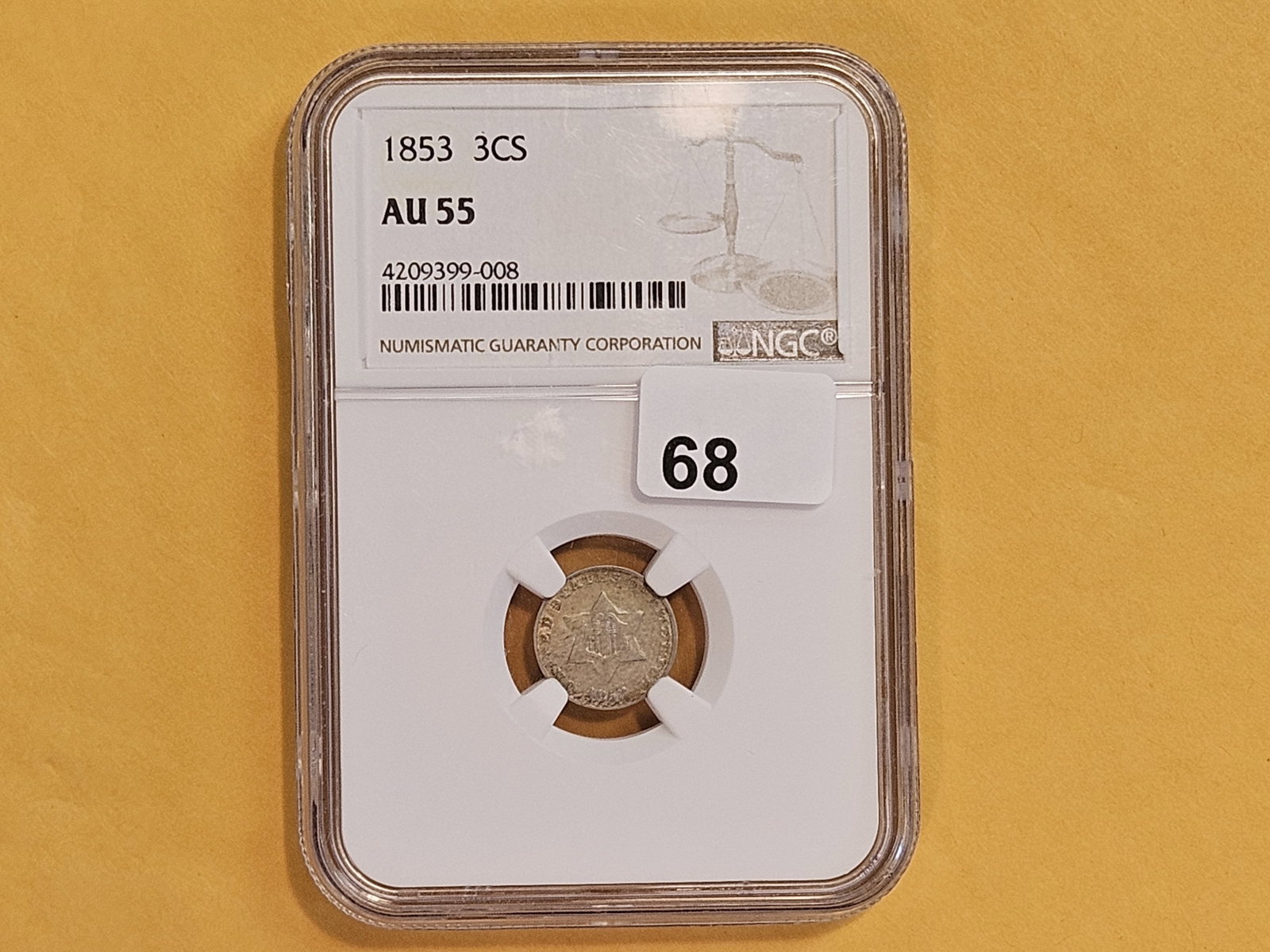 NGC 1853 Three Cent Silver Trime in About Uncirculated - 55 - 2