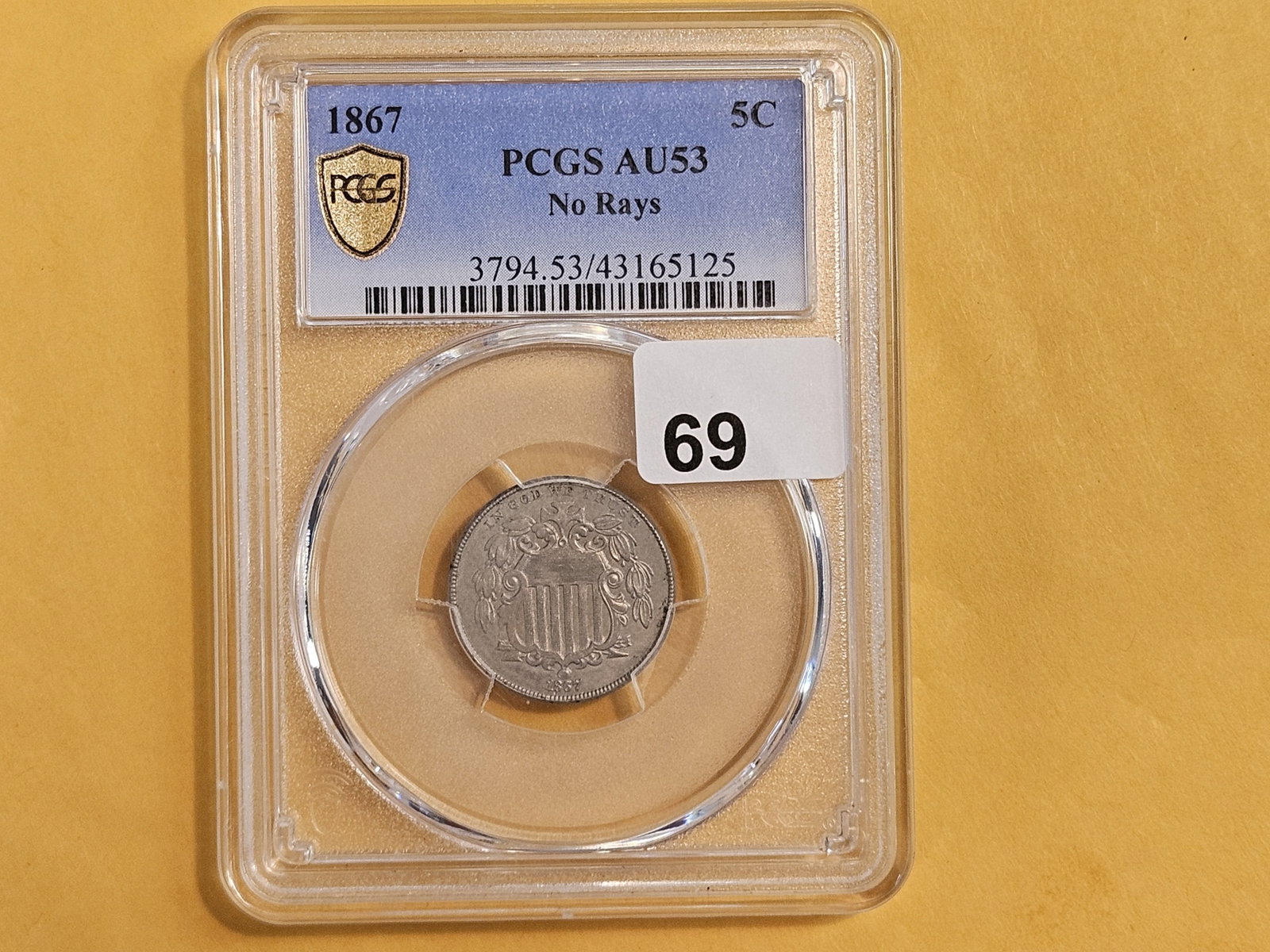 PCGS 1867 Shield Nickel in About Uncirculated - 53 - 2