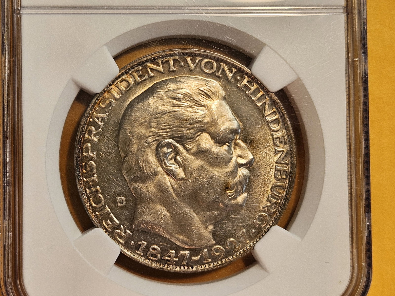 NGC 1927-D German Silver Medal in Mint State 62: Karl Goetz Medal. Kienast-386 Hindenburg. 80th Birthday