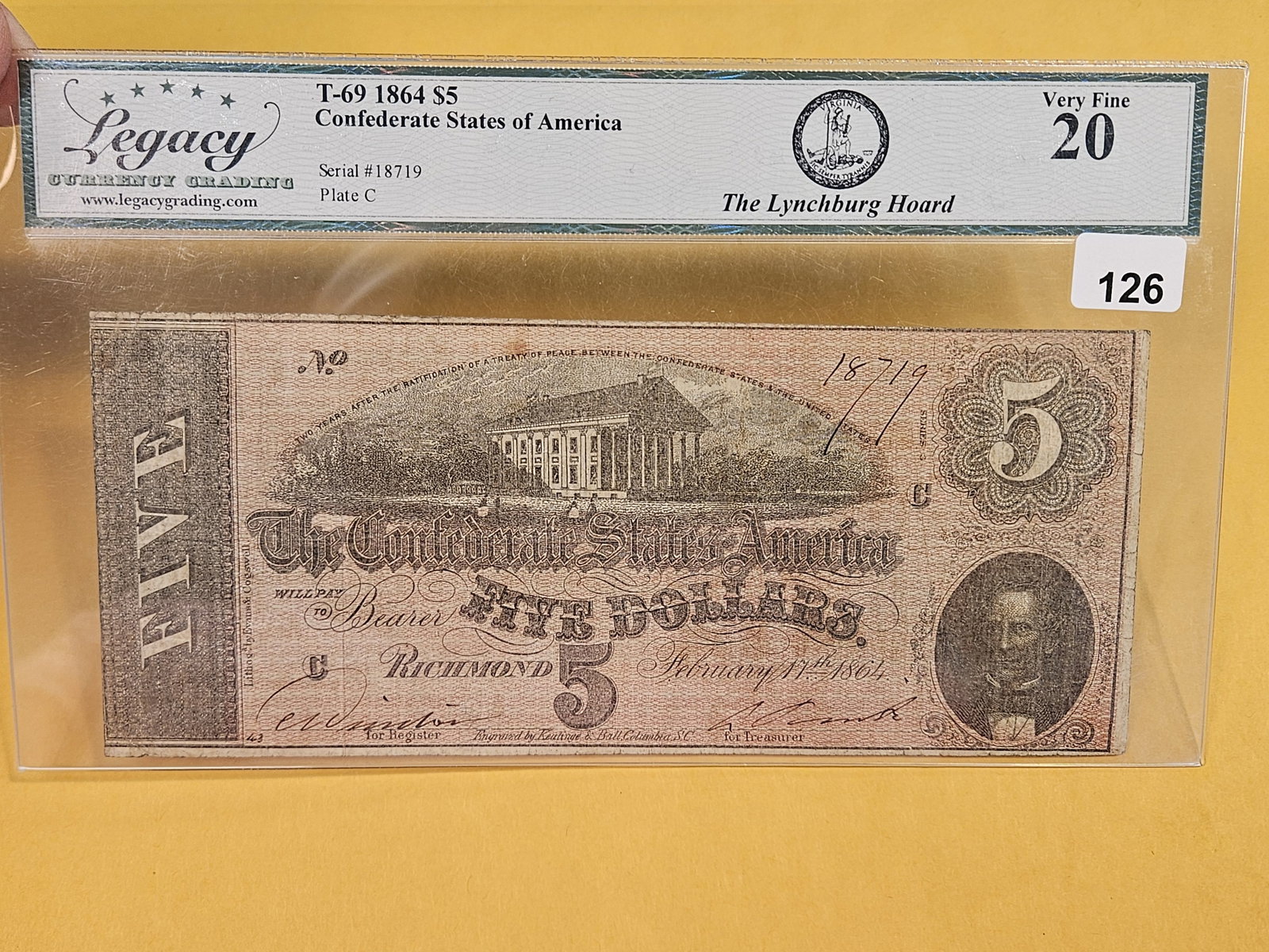 Legacy Currency Grading 1864 CSA $5 in Very Fine 20: T-69. Confederate States of America. From the Lynchburg Hoard