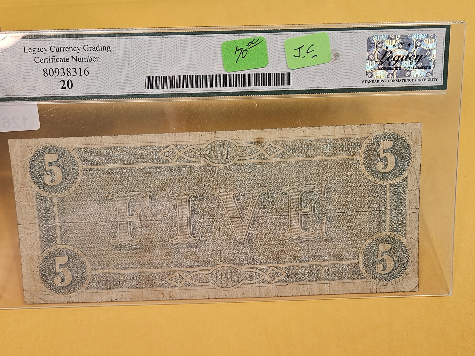 Legacy Currency Grading 1864 CSA $5 in Very Fine 20 - 2