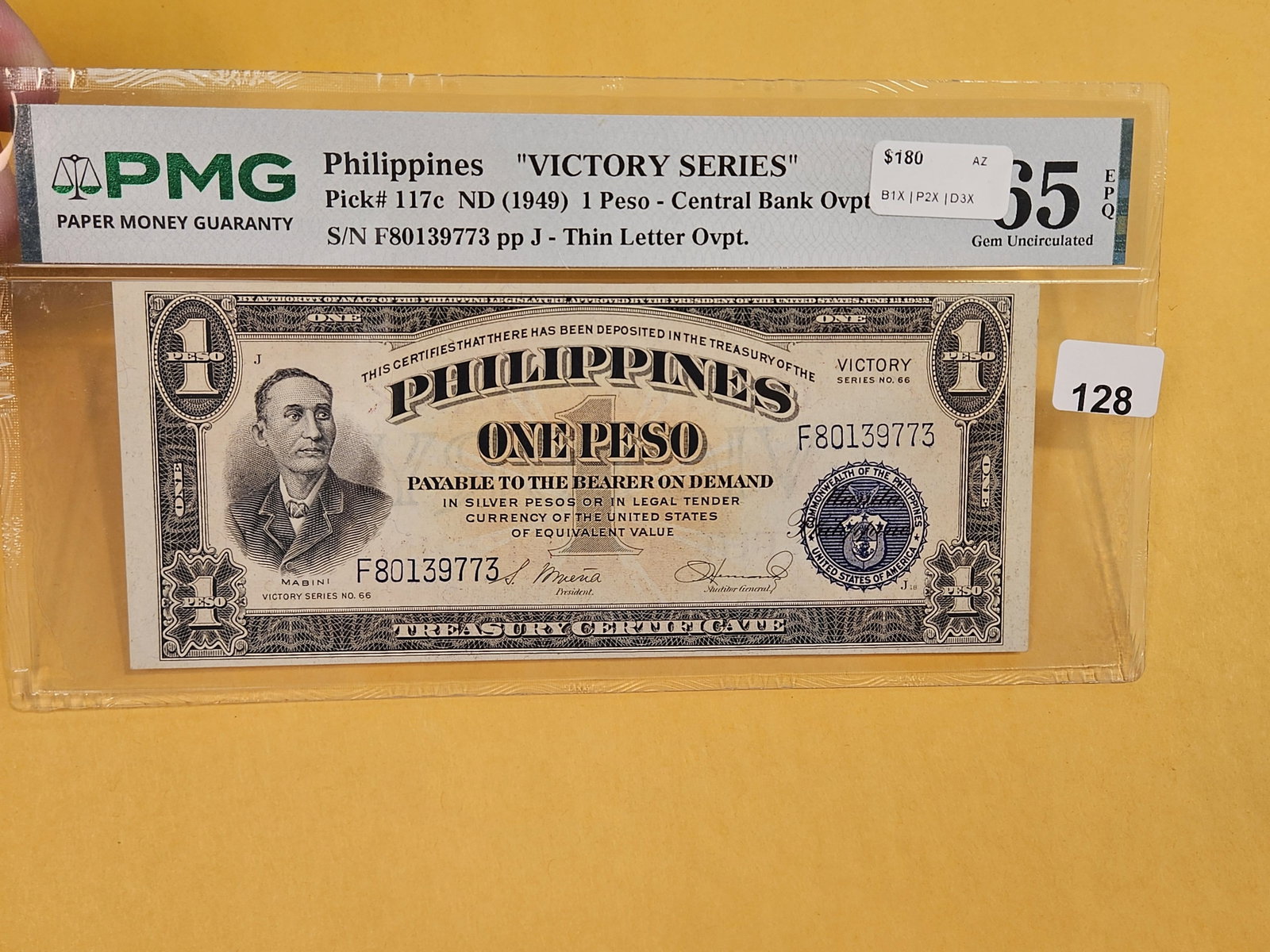 GEM! PMG Philippines Peso in GEM UNC 65 EPQ: Exceptional Paper Quality! Gem Uncirculatd. "VICTORY SERIES". Pick # 117c