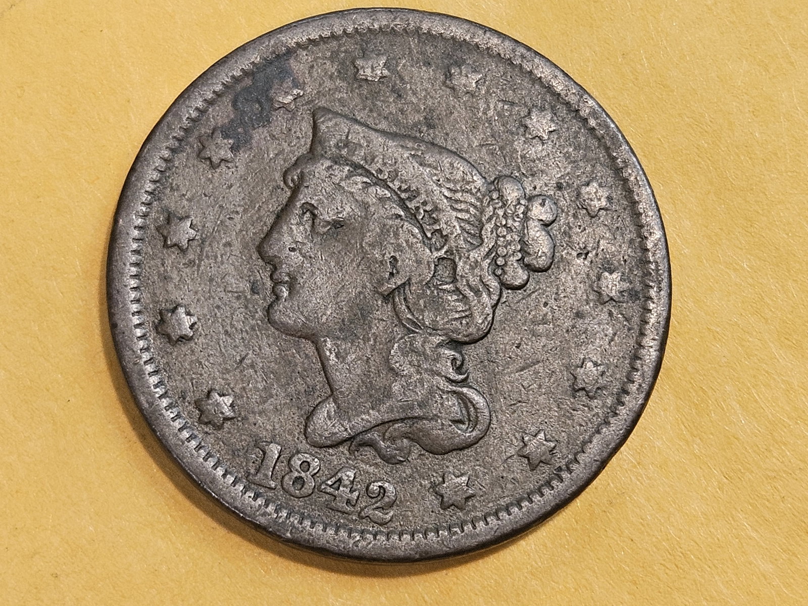 1842 Braided Hair Large Cent in Very Fine: Large Date