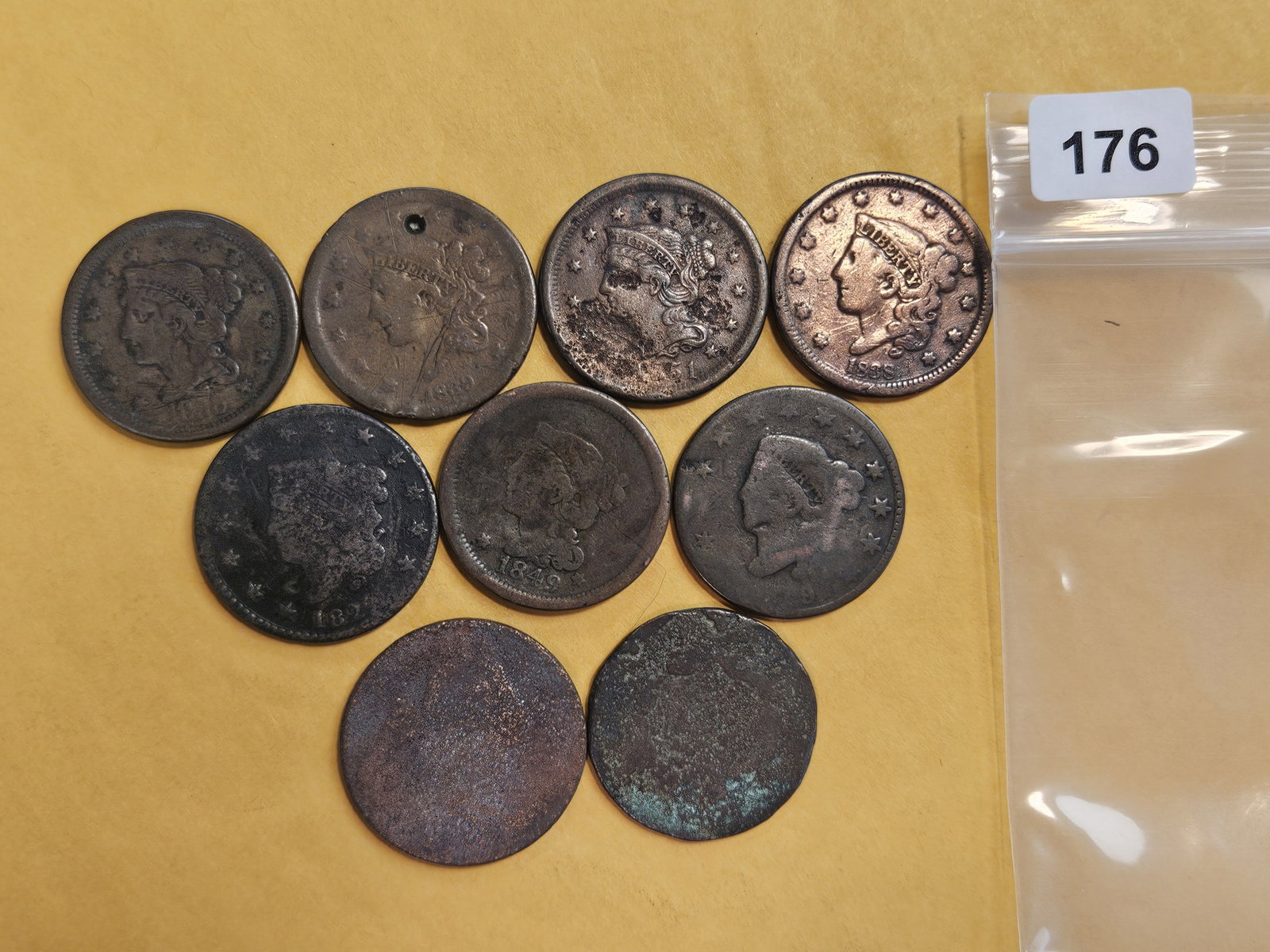Nine mixed Large Cents: All well circulated or with issues