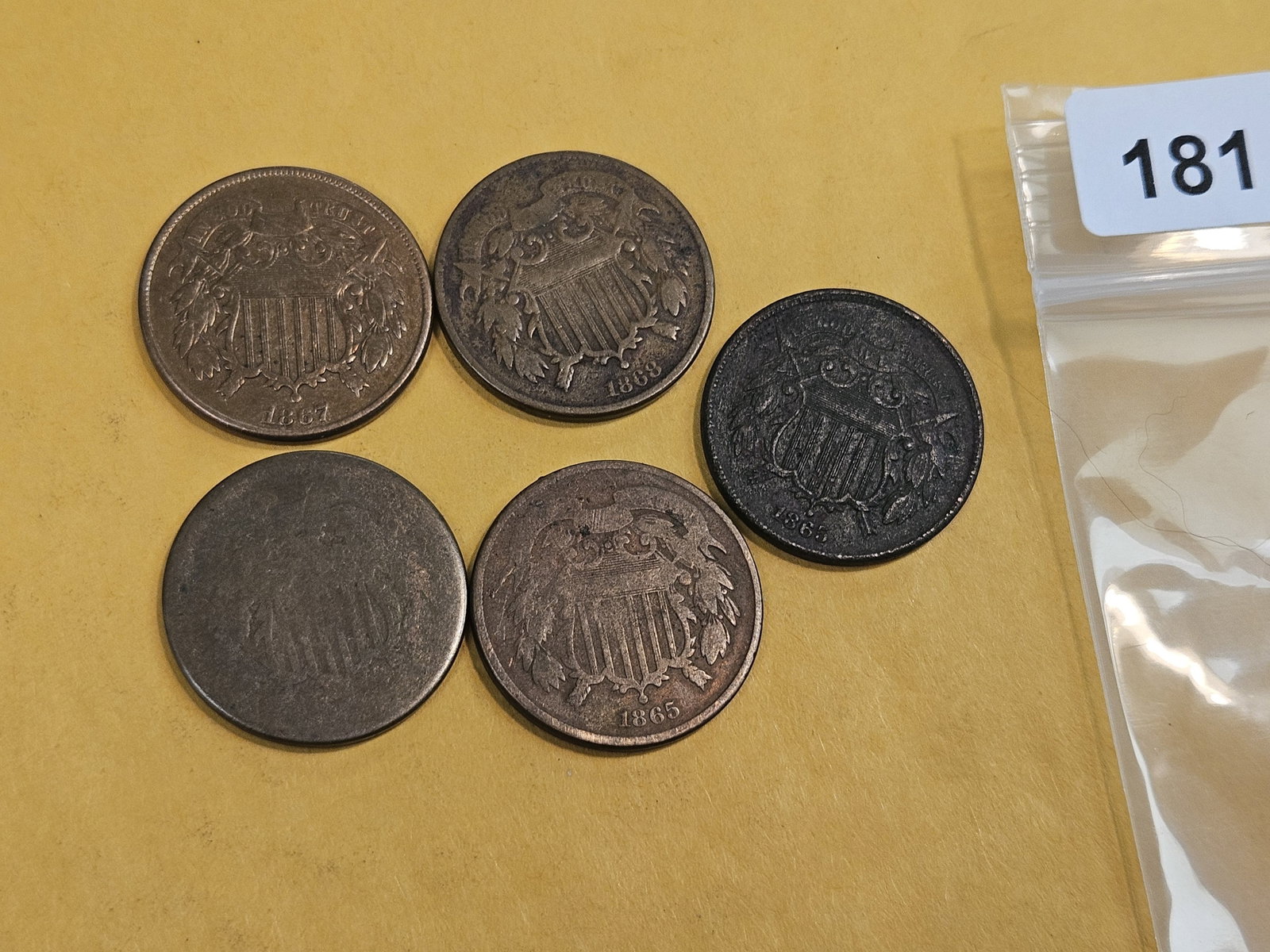 Five mixed Two Cent pieces - 2
