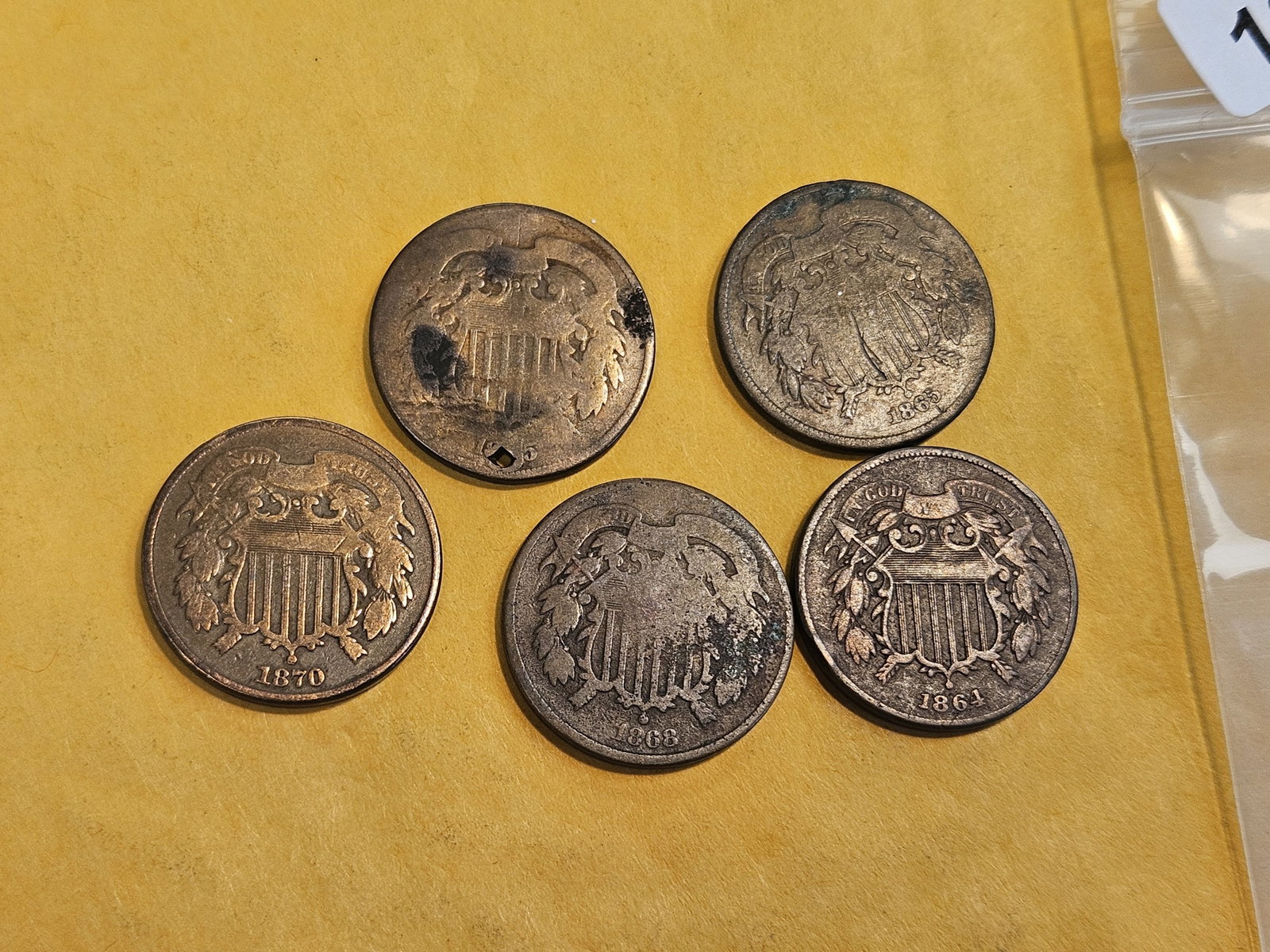 Five mixed Two Cent pieces - 2