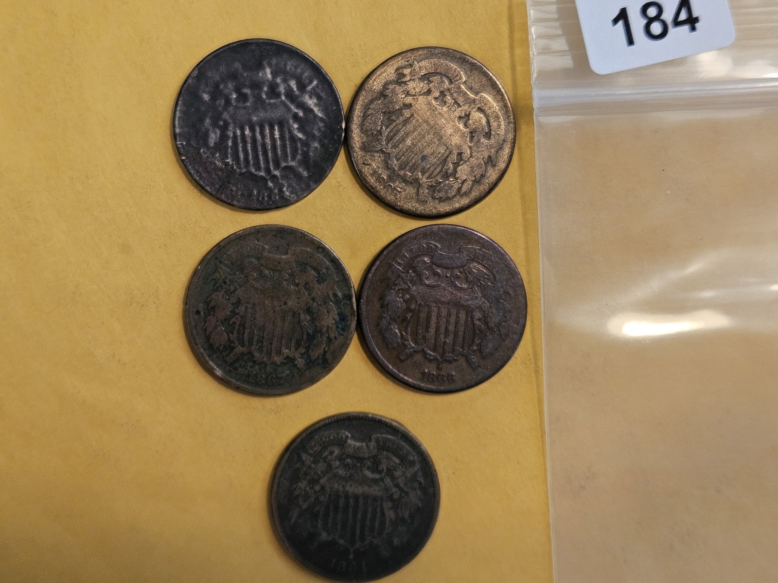 Five mixed Two Cent pieces: Circulated