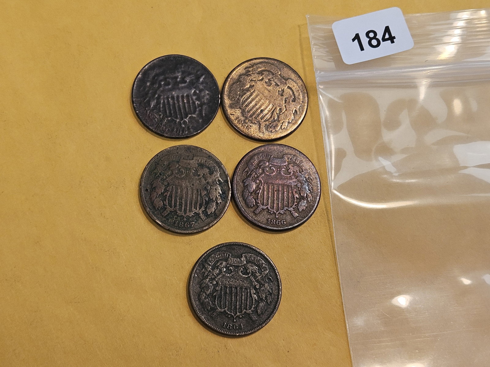 Five mixed Two Cent pieces - 2