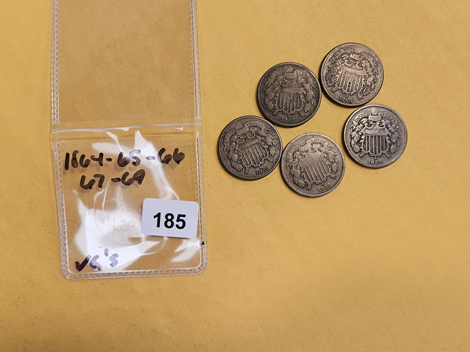 Five mixed Two Cent pieces all in Very Good - 2