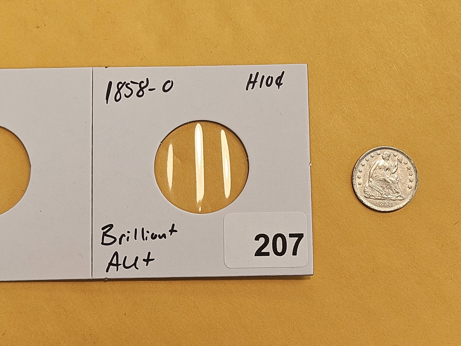 Brilliant About Uncirculated plus 1858-O Seated Liberty silver Half-Dime - 2
