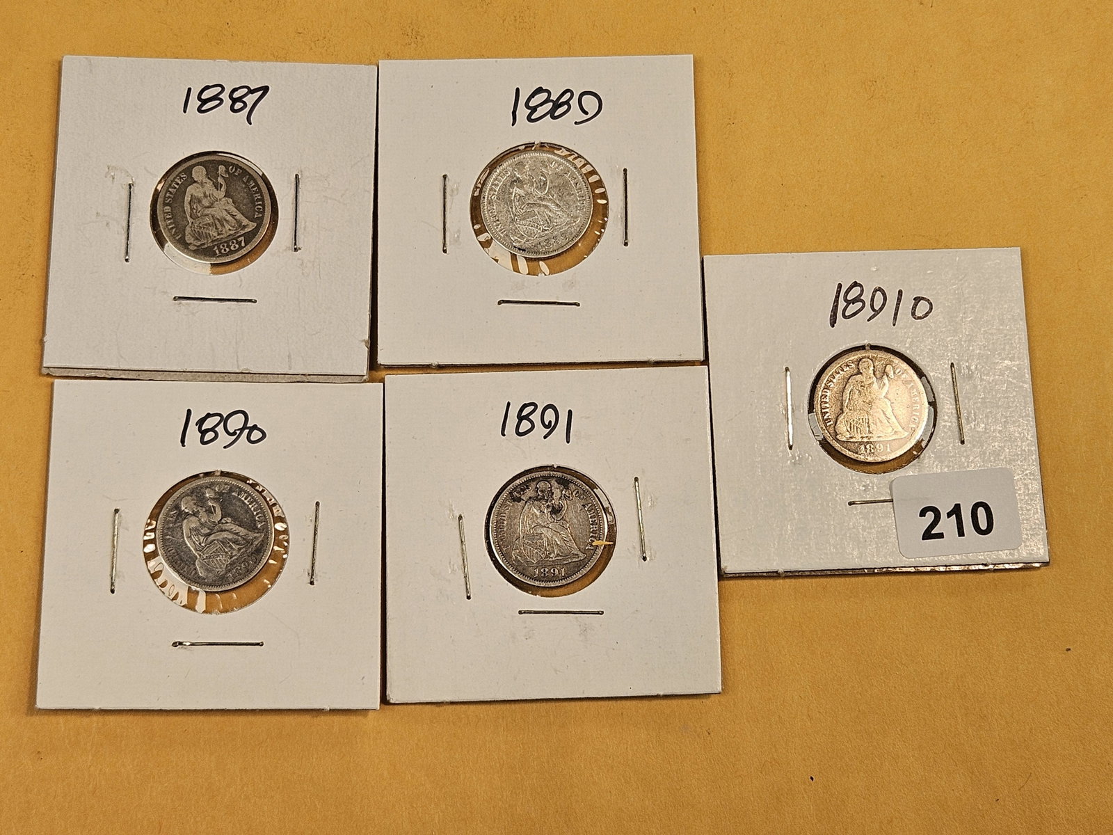 Five mixed Silver Seated Liberty Dimes - 2