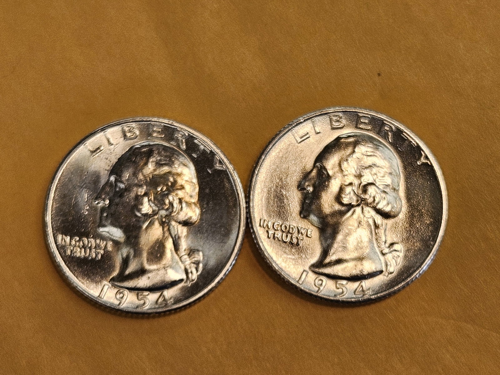 Two Brilliant, roll fresh, silver, 1954-S Washington Quarters: One GEM and one very Choice Brilliant Uncirculated