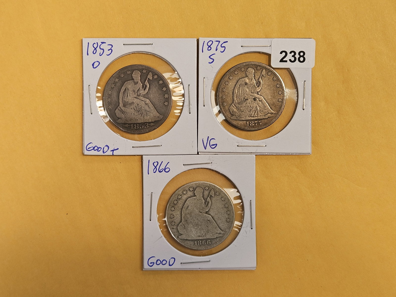 Three mixed Seated Liberty silver Half Dollars: Circulated