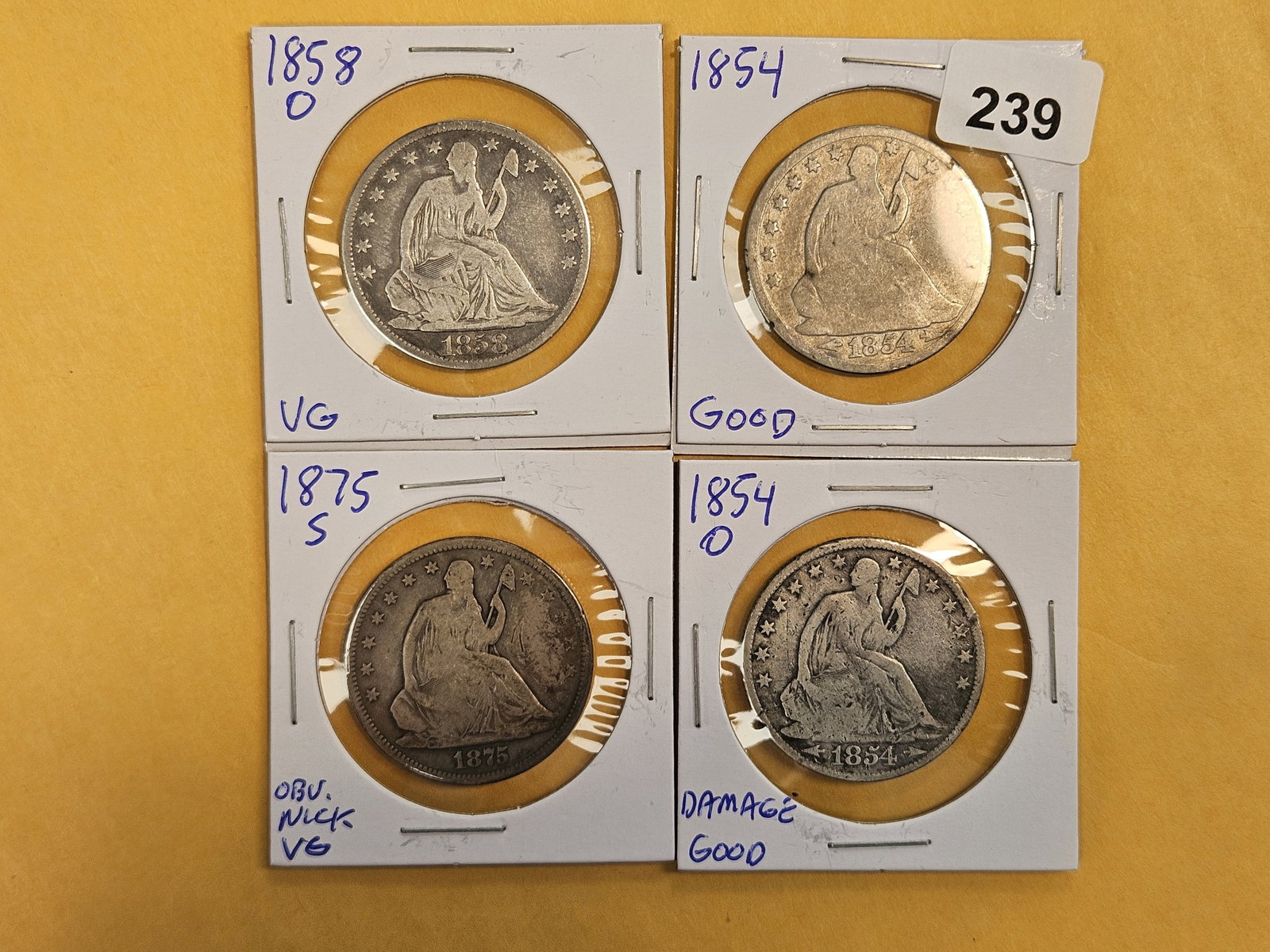 Four mixed Seated Liberty silver Half Dollars: Circulated