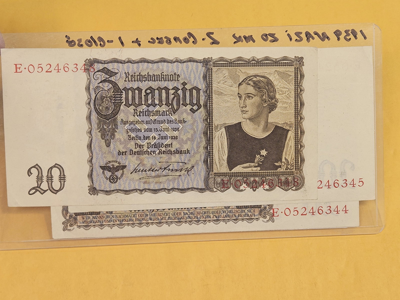 Three Uncirculated 1939 Nazi 20 mark notes - 2