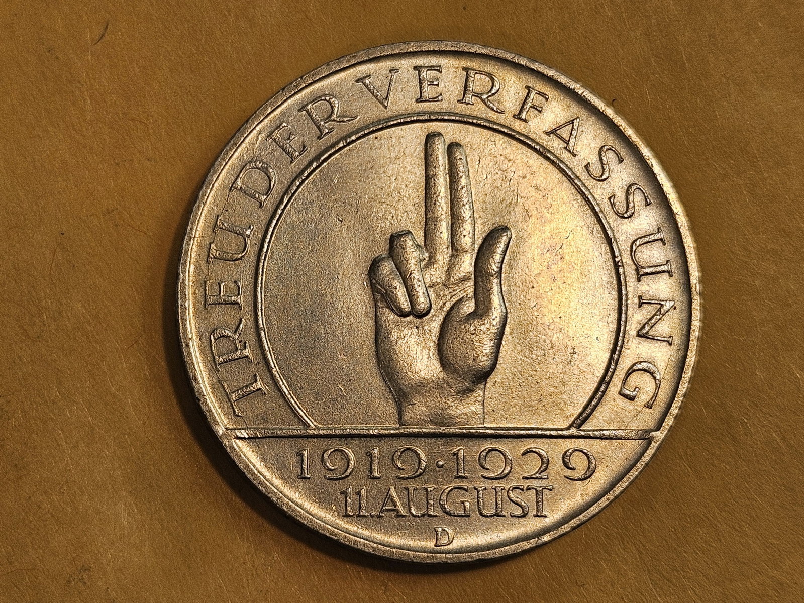 Choice Brilliant Uncirculated 1929-D Weimar Germany silver 3 mark: KM 63. Better piece!