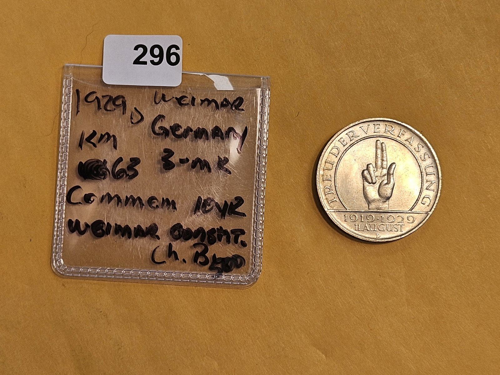 Choice Brilliant Uncirculated 1929-D Weimar Germany silver 3 mark - 2