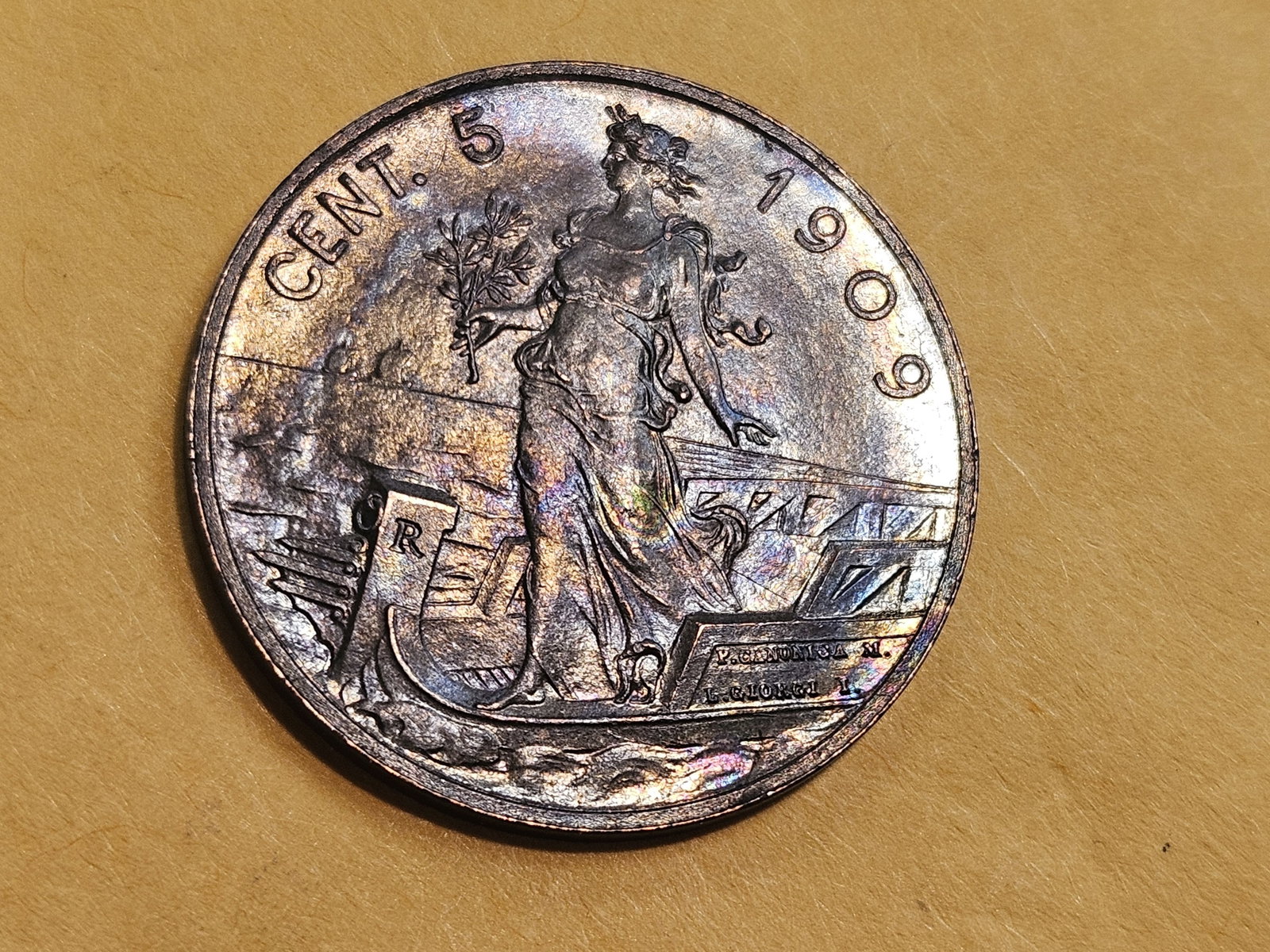 Brown Uncirculated 1909 Italy 5 cent - 7