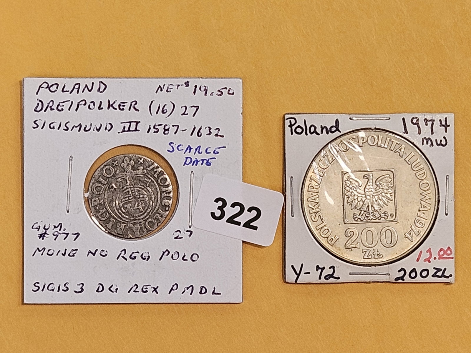 Medieval and Modern Polish silver coins: 1587 - 1632 Dreipolker and 1974 200 zloty