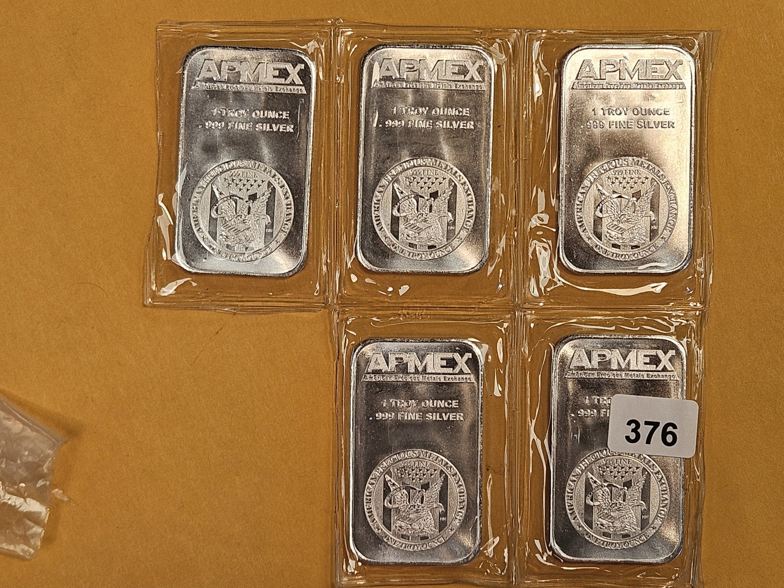 FIVE 1-troy ounce .999 fine silver bars: APMEX. In original casings