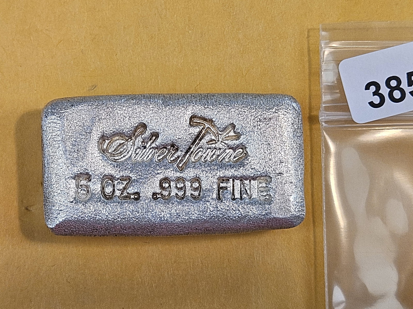 FIVE Troy ounce .999 fine silver poured bar: Silvertowne
