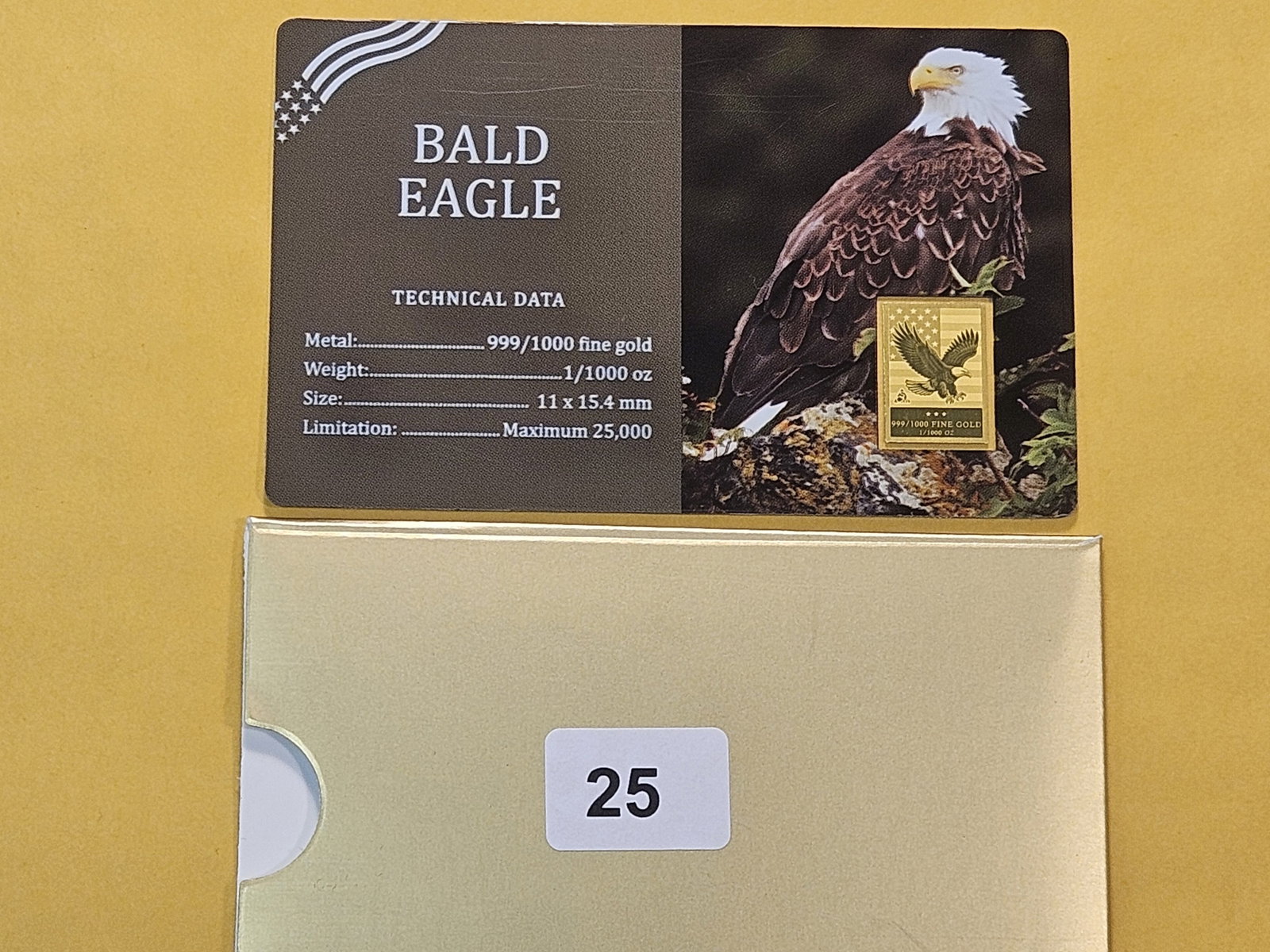 GOLD! Bald Eagle .999 Fine Gold Bar - 3