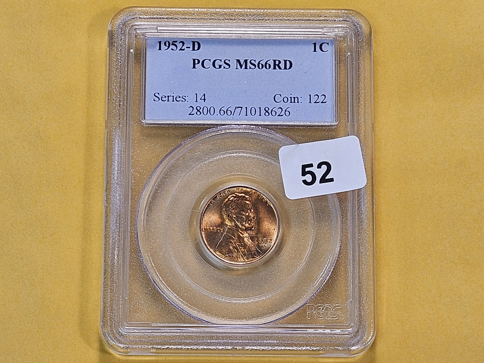 GEM! PCGS 1952-D Lincoln Wheat Cent in Mint State 66 Red - 2