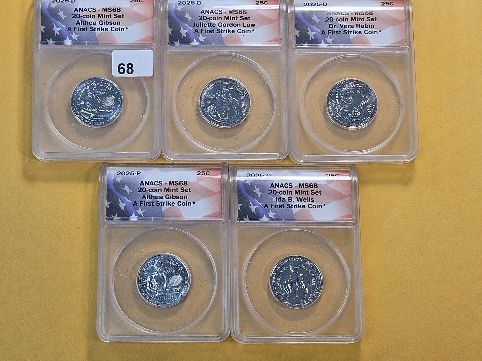 Five ANACS Graded Washington Quarters in Mint State 68: 2025 and four 2025-D