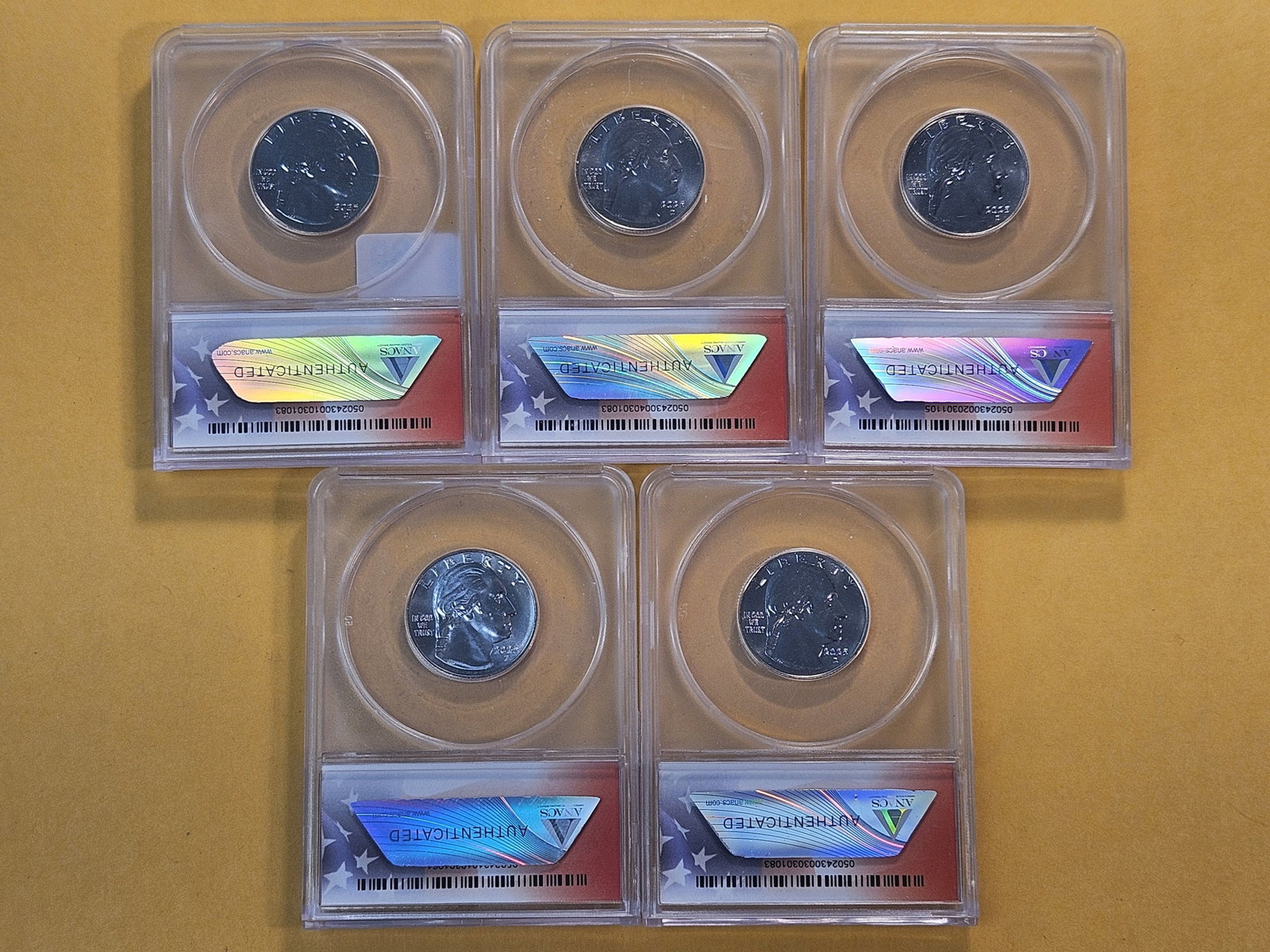 Five ANACS Graded Washington Quarters in Mint State 68 - 7